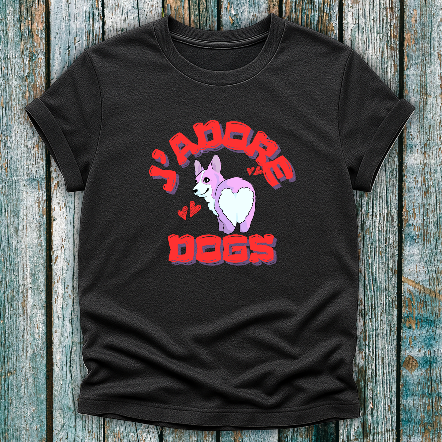Dark grey t-shirt with 'J'adore Dogs' and corgi graphic