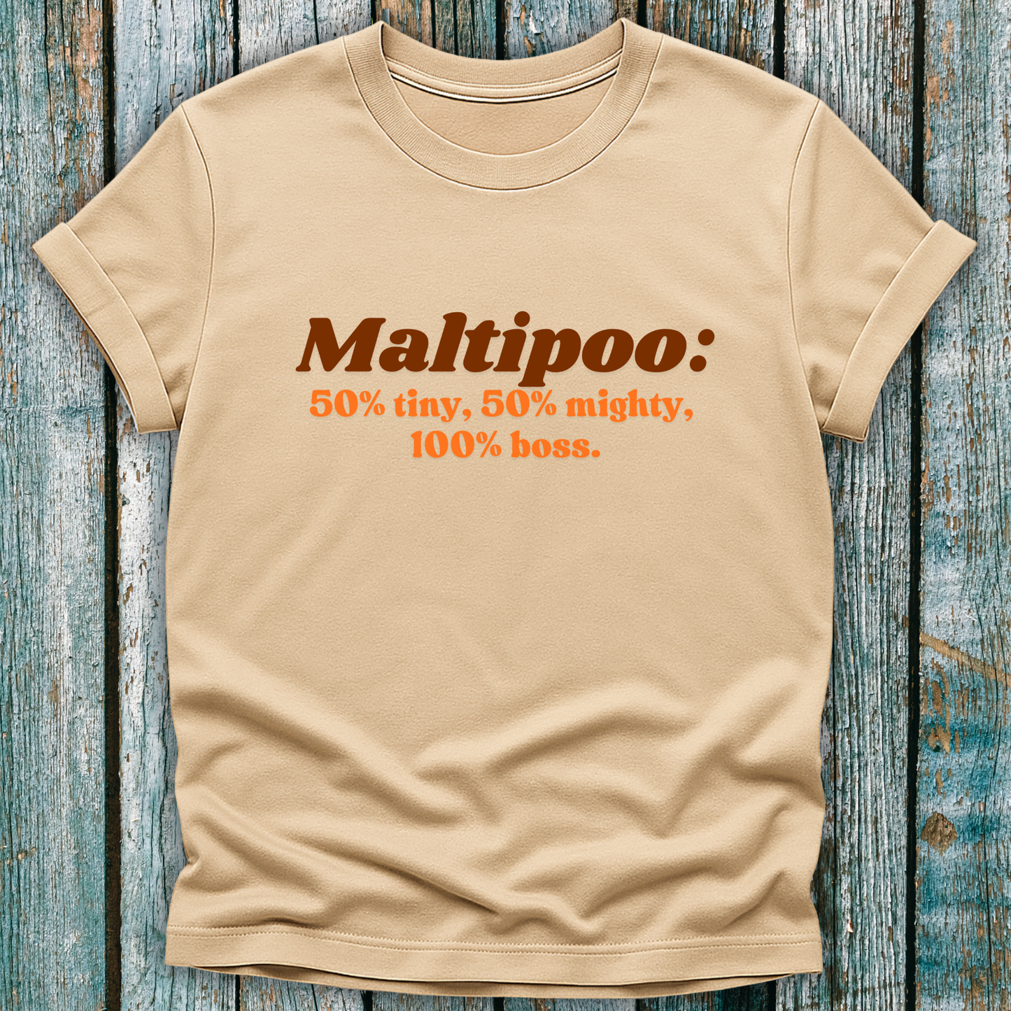 Beige Maltipoo Lover t-shirt with brown and orange text