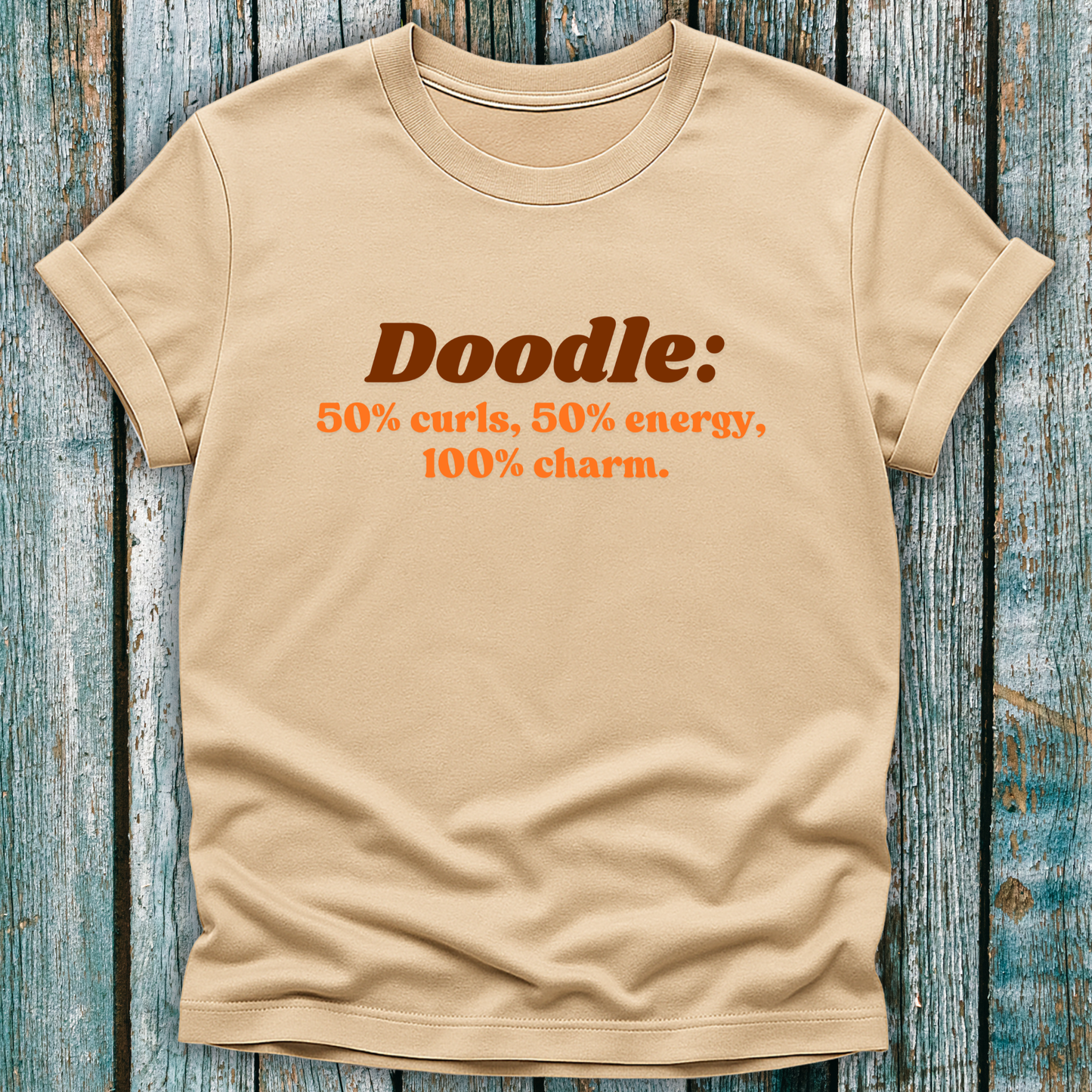 Beige Doodle Lover t-shirt with brown and orange text