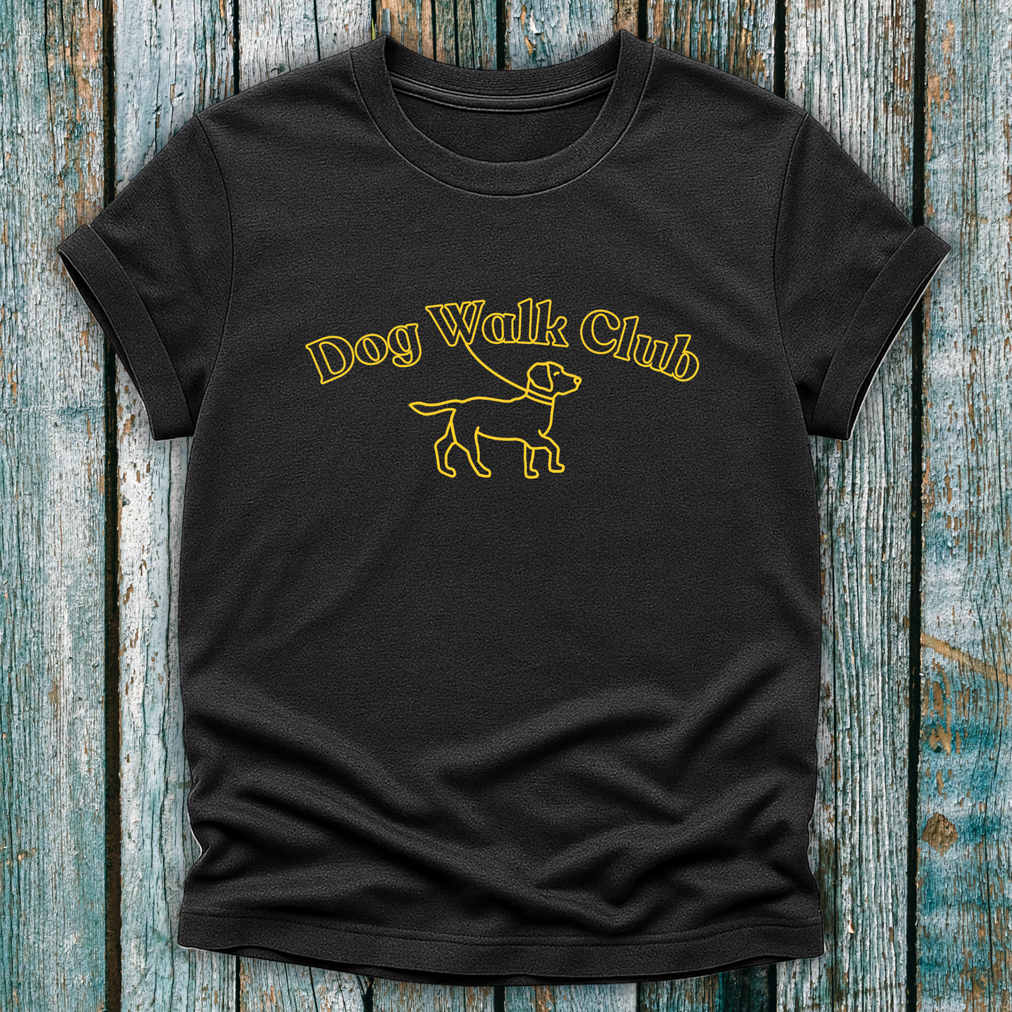 Dark grey Dog Walk Club T-shirt with yellow text and a Labrador on lead