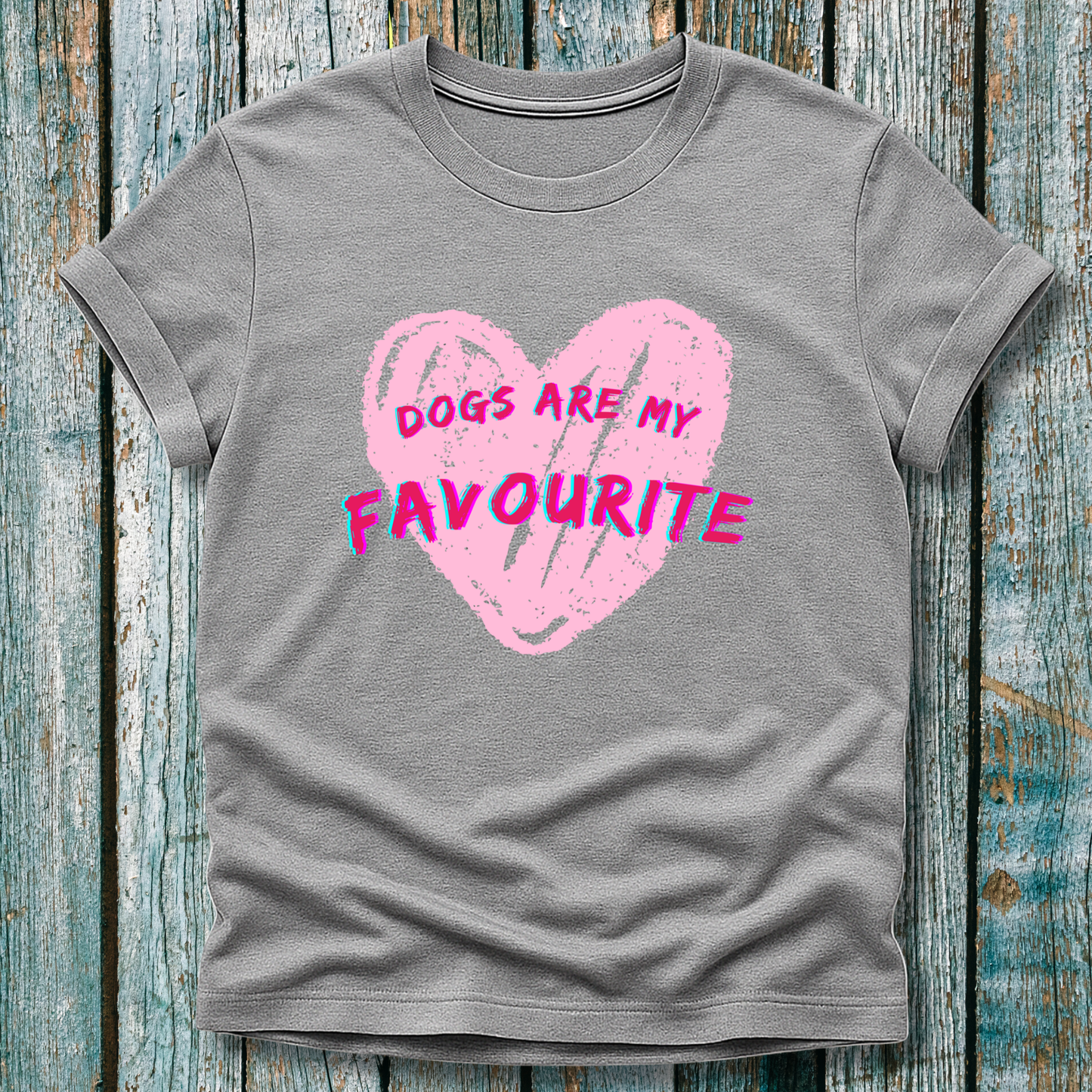 Gray t-shirt with pink heart and text 'DOGS ARE MY FAVOURITE'