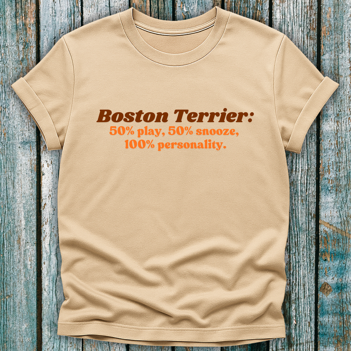 Beige Boston Terrier lover t-shirt with brown text