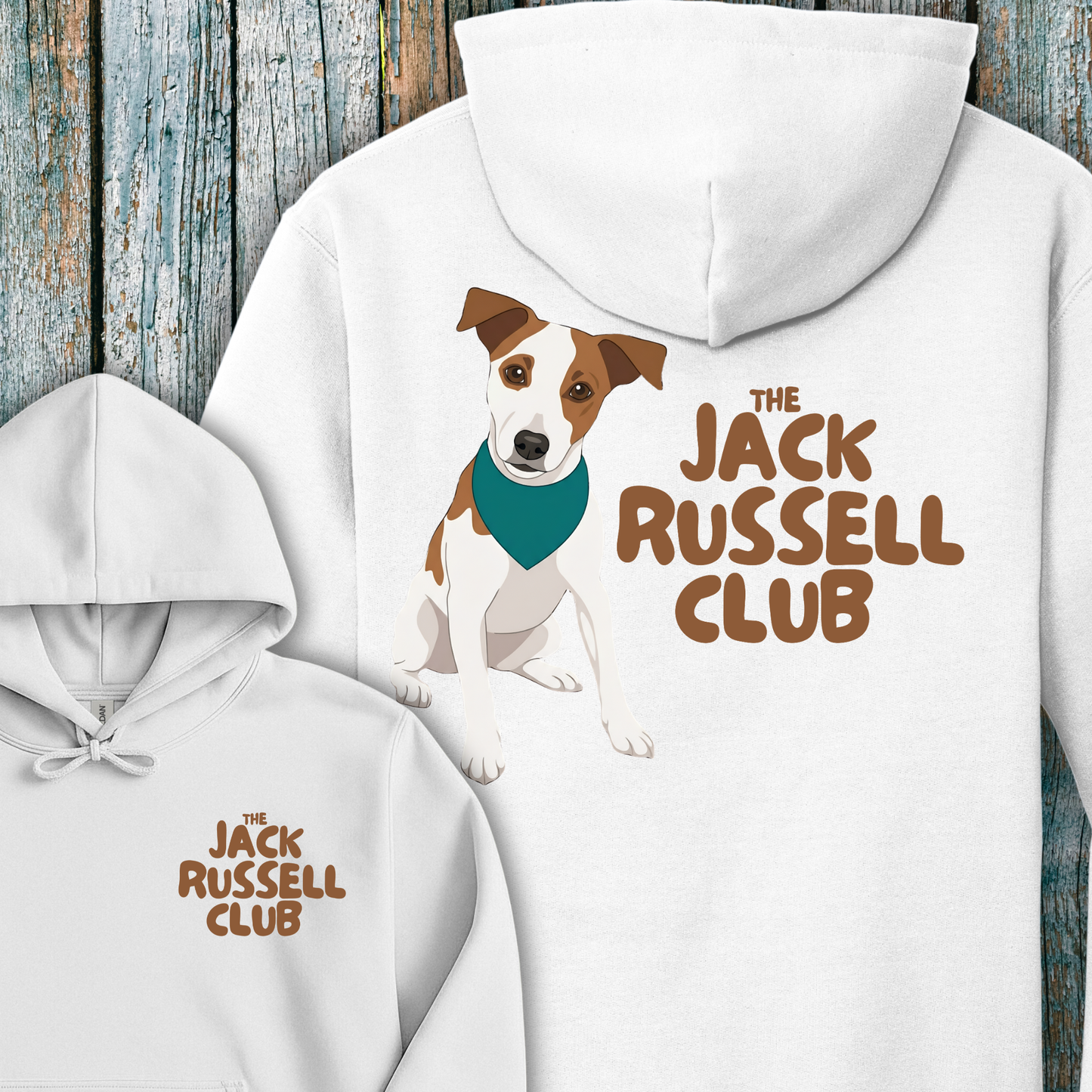 White hoodie with Jack Russell Terrier design and 'The Jack Russell Club' text on a wooden background