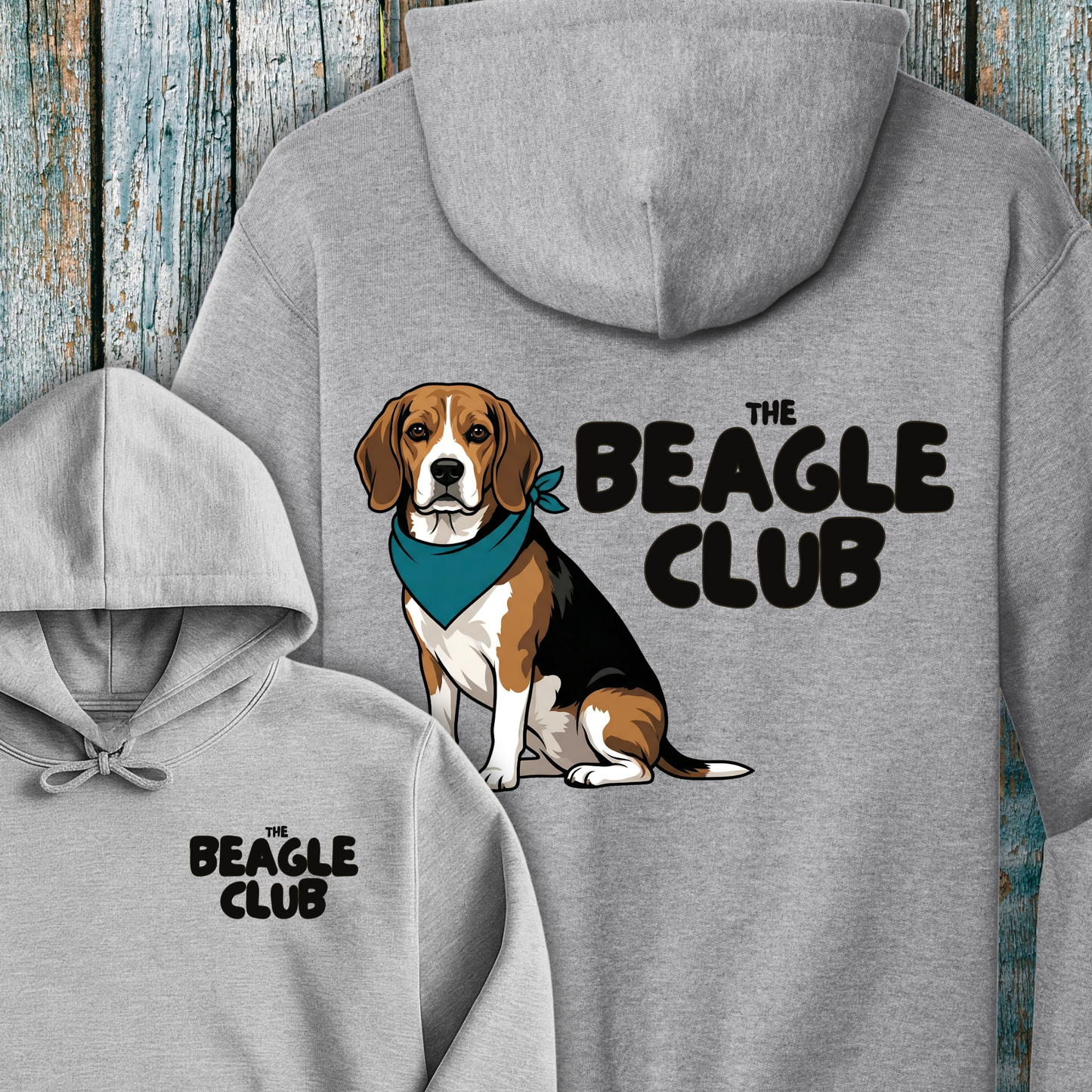 Grey hoodie with a Beagle dog graphic and The Beagle Club text