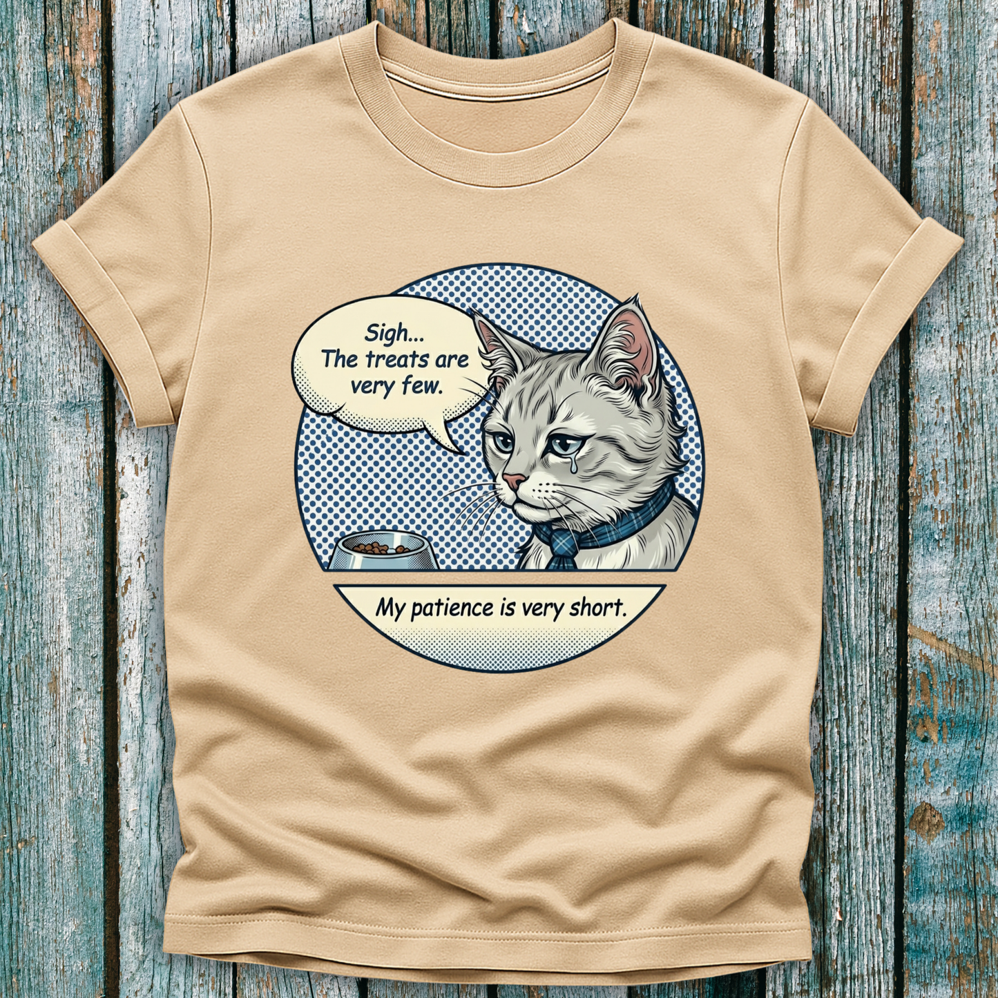 Beige t shirt with pop art cartoon cat graphic