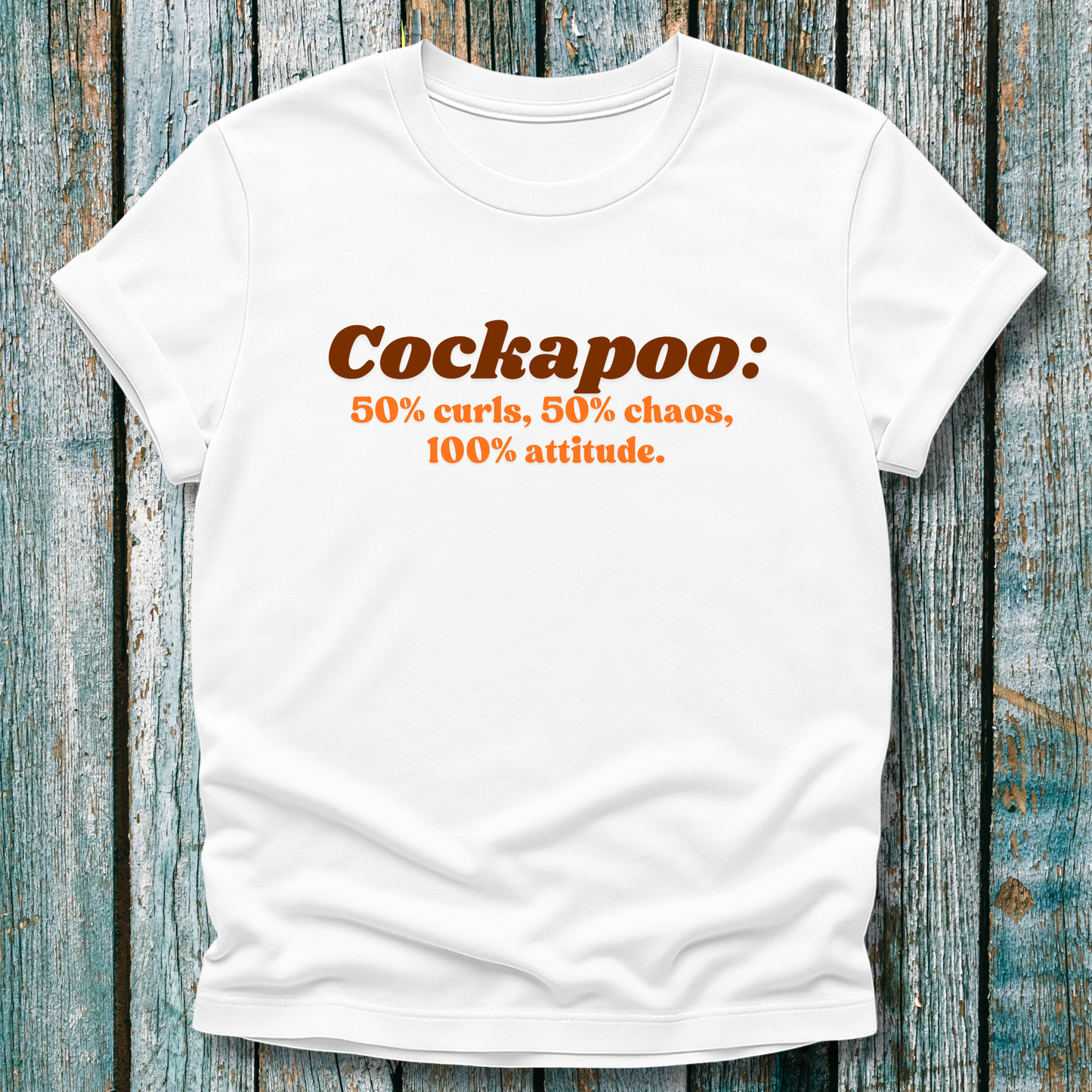 White t-shirt with humorous Cockapoo text design 