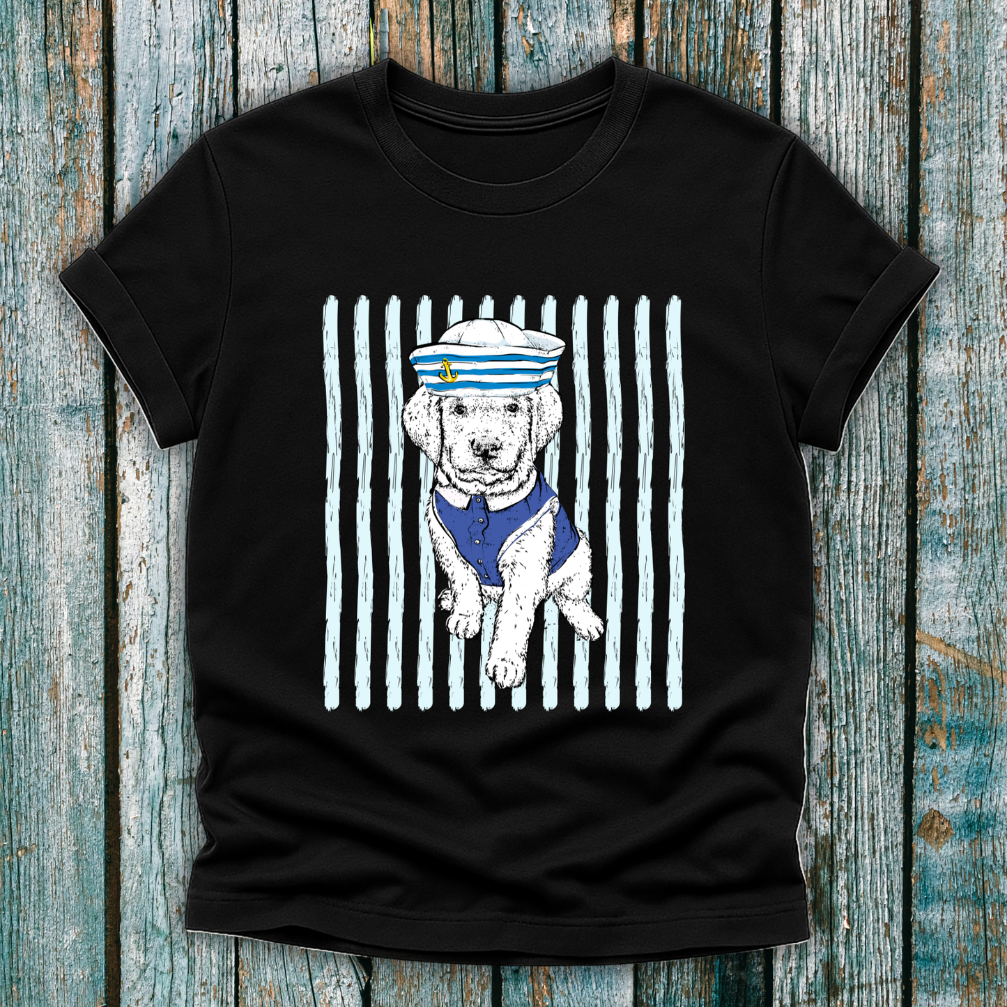 Black t-shirt with a white dog in a sailor outfit design 