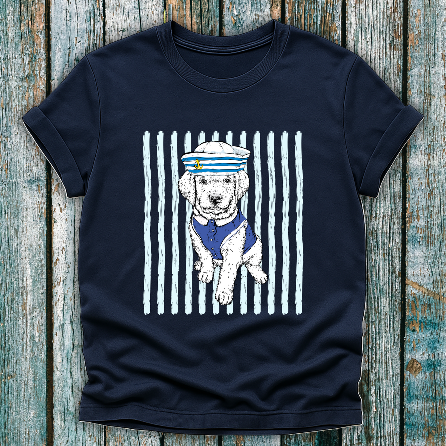 Navy blue t-shirt with a white dog graphic 