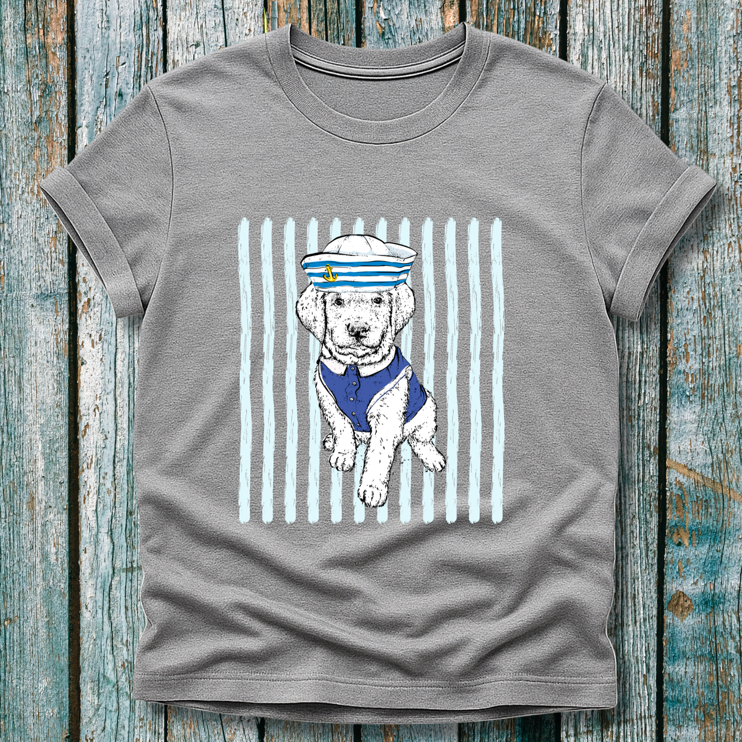 Gray t-shirt with a dog wearing a saior outfit graphic 