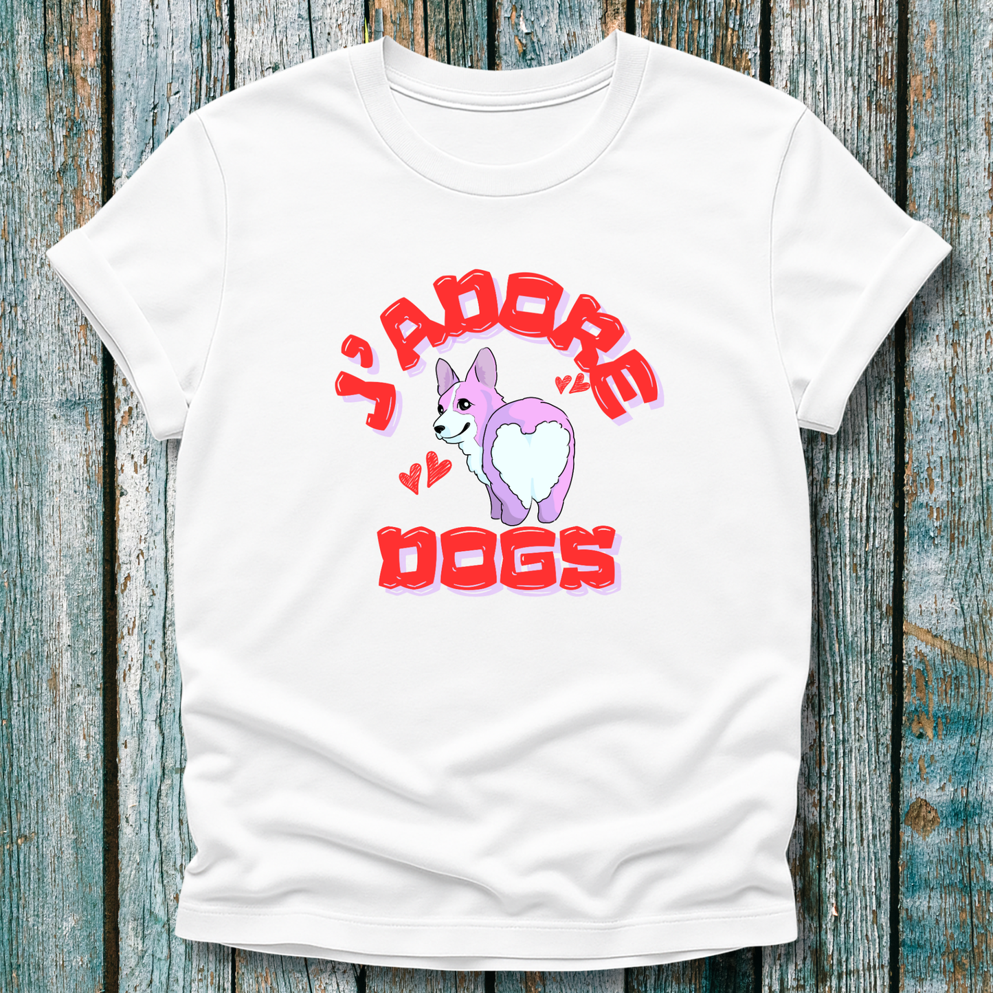 White t-shirt with 'J'adore Dogs' and corgi graphic 