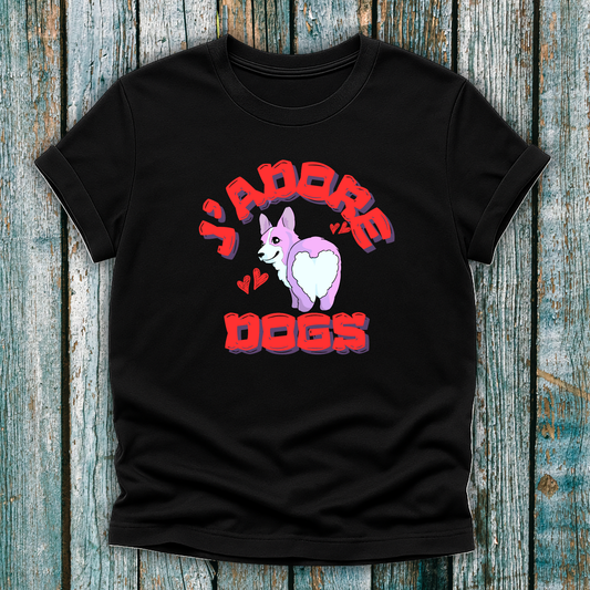 Black T-shirt with Corgi design in red and pink text graphic