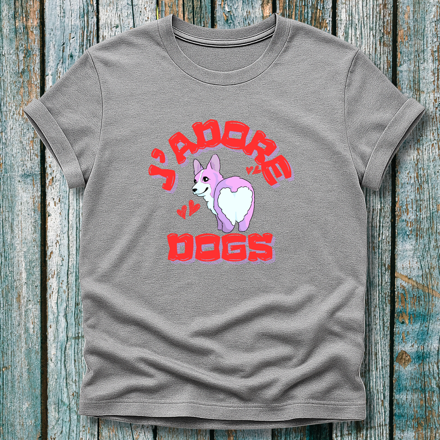 
grey t-shirt with 'J'adore Dogs' and corgi graphic 
