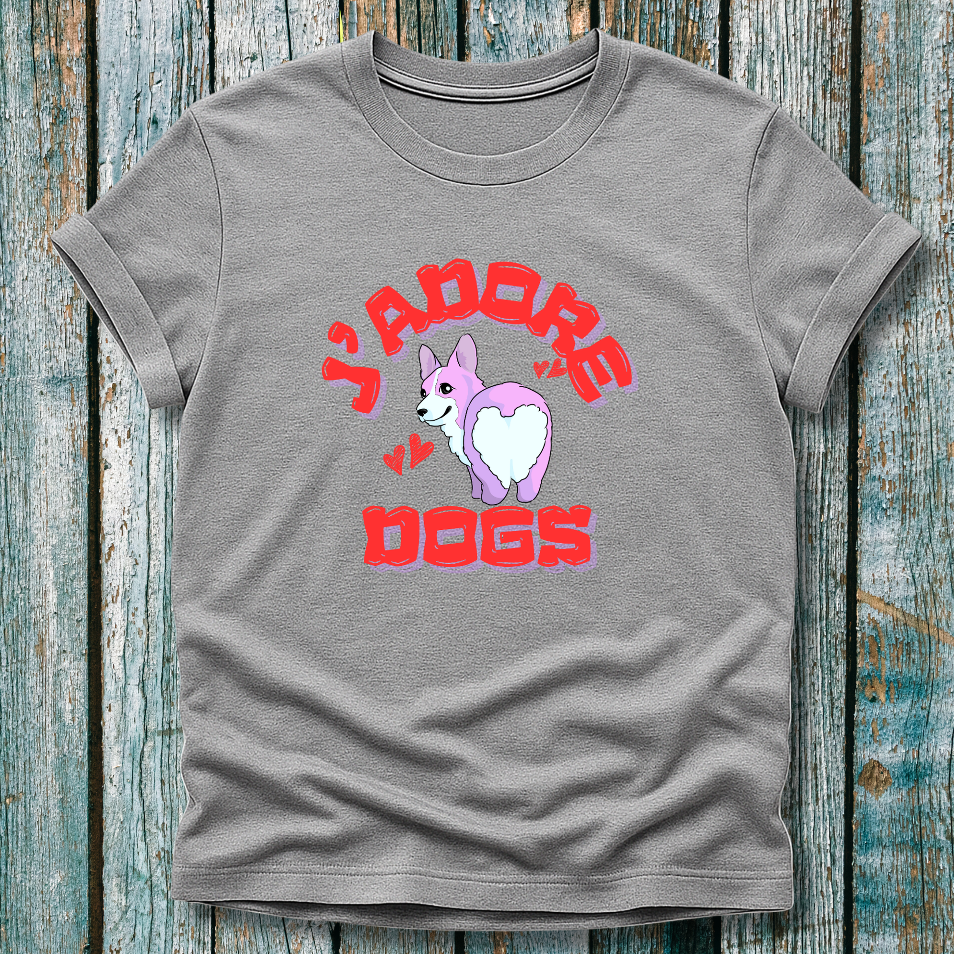 
grey t-shirt with 'J'adore Dogs' and corgi graphic 
