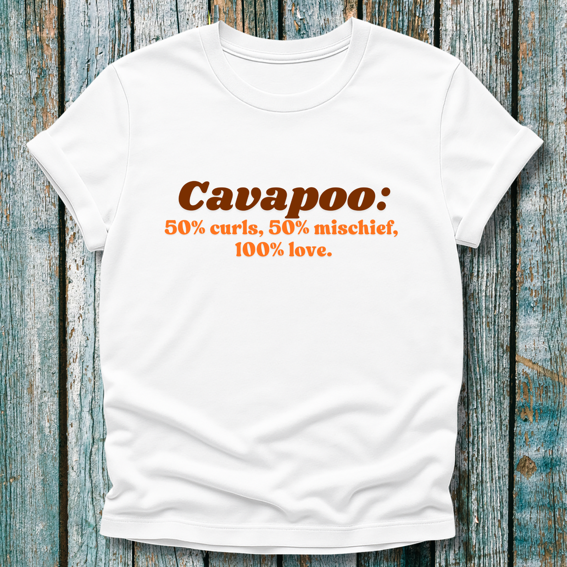 White Cavapoo lover t-shirt with brown and orange text