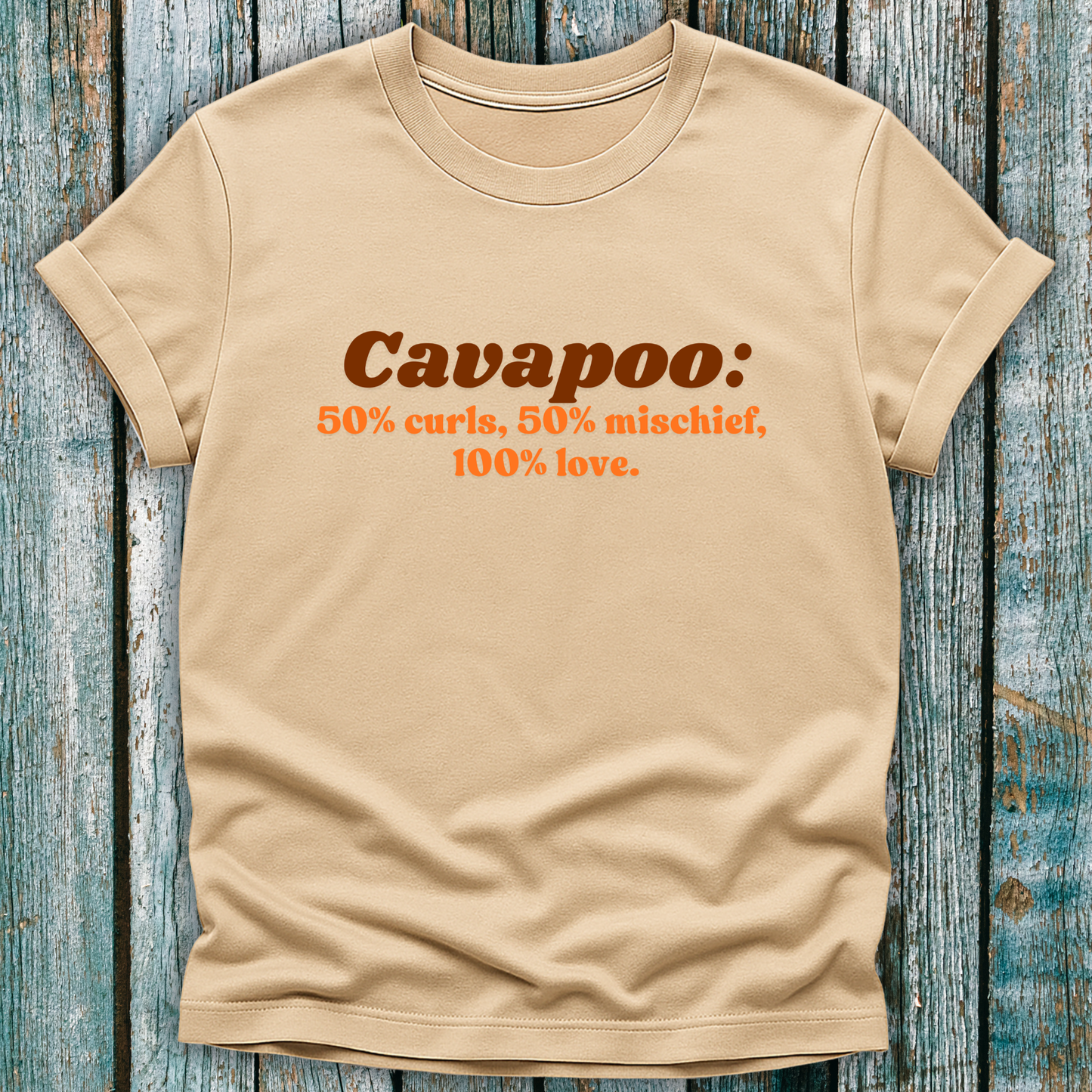Beige Cavapoo lover t-shirt with brown and orange text