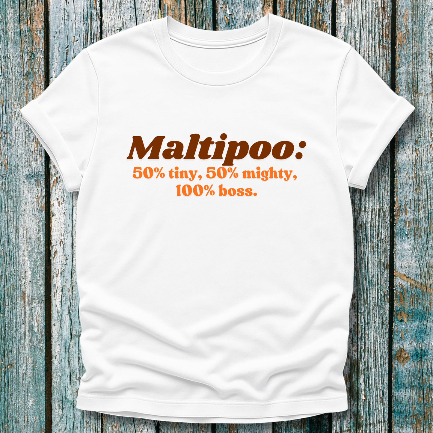 White Maltipoo Lover t-shirt with brown and orange text