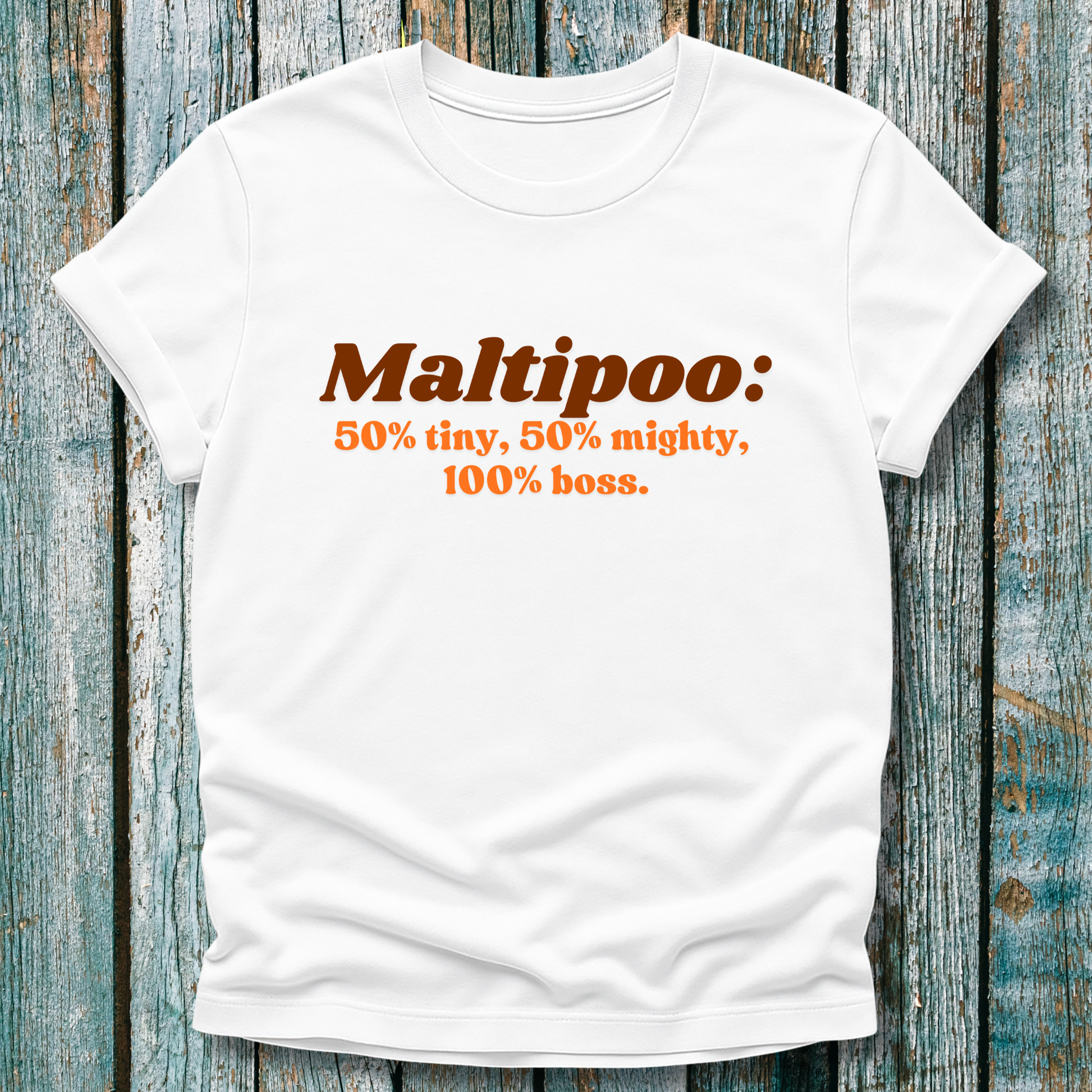 White Maltipoo Lover t-shirt with brown and orange text