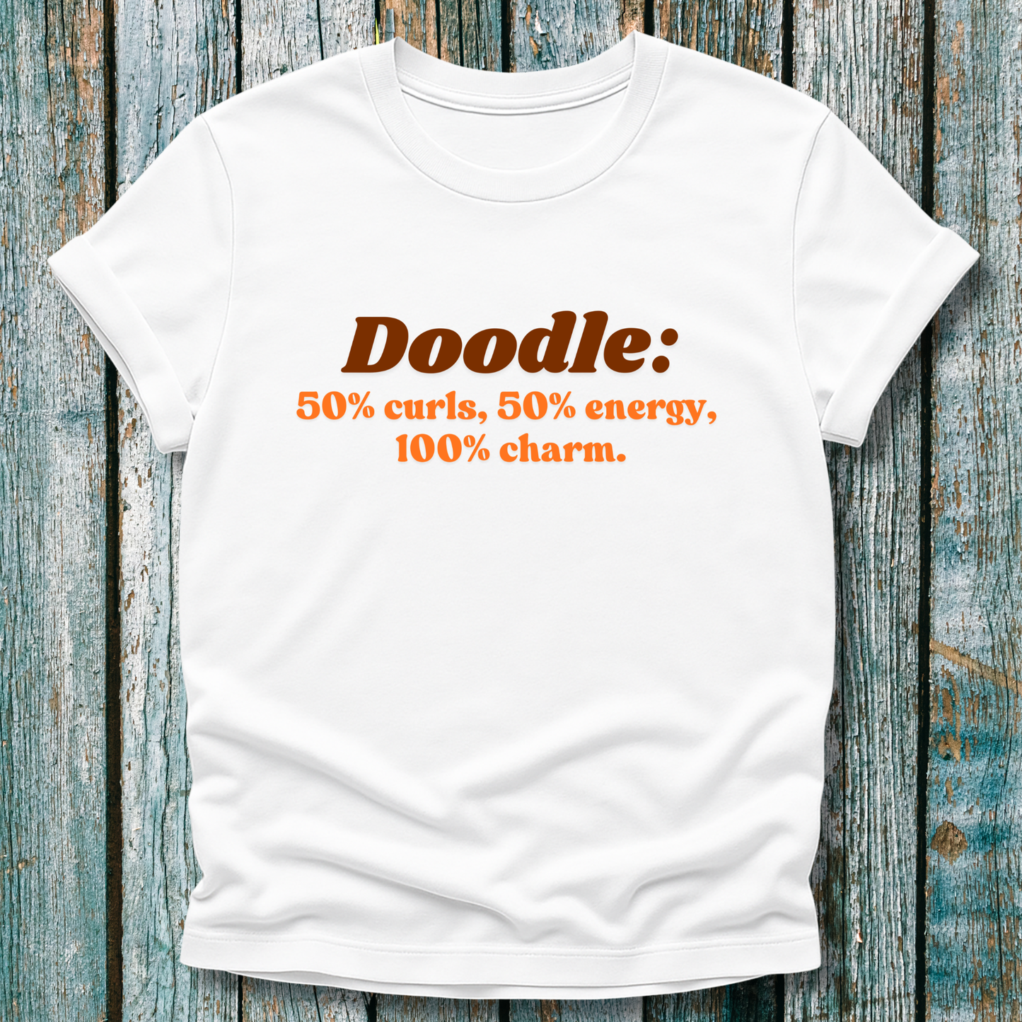 White Doodle Lover t-shirt with brown and orange text