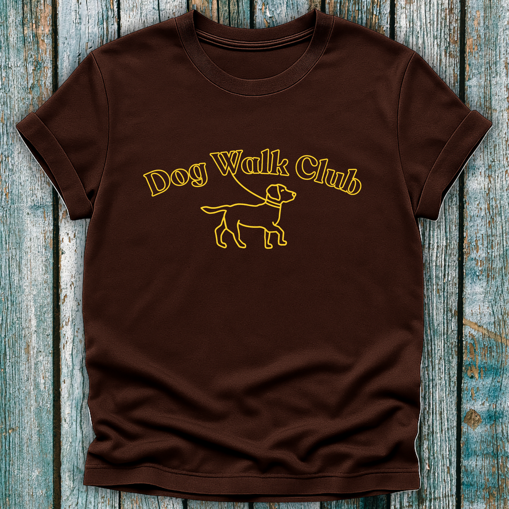 Brown Dog Walk Club T-shirt with yellow text and a Labrador on lead