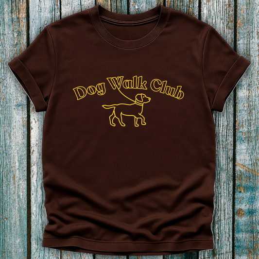 Brown Dog Walk Club T-shirt with yellow text and a Labrador on lead