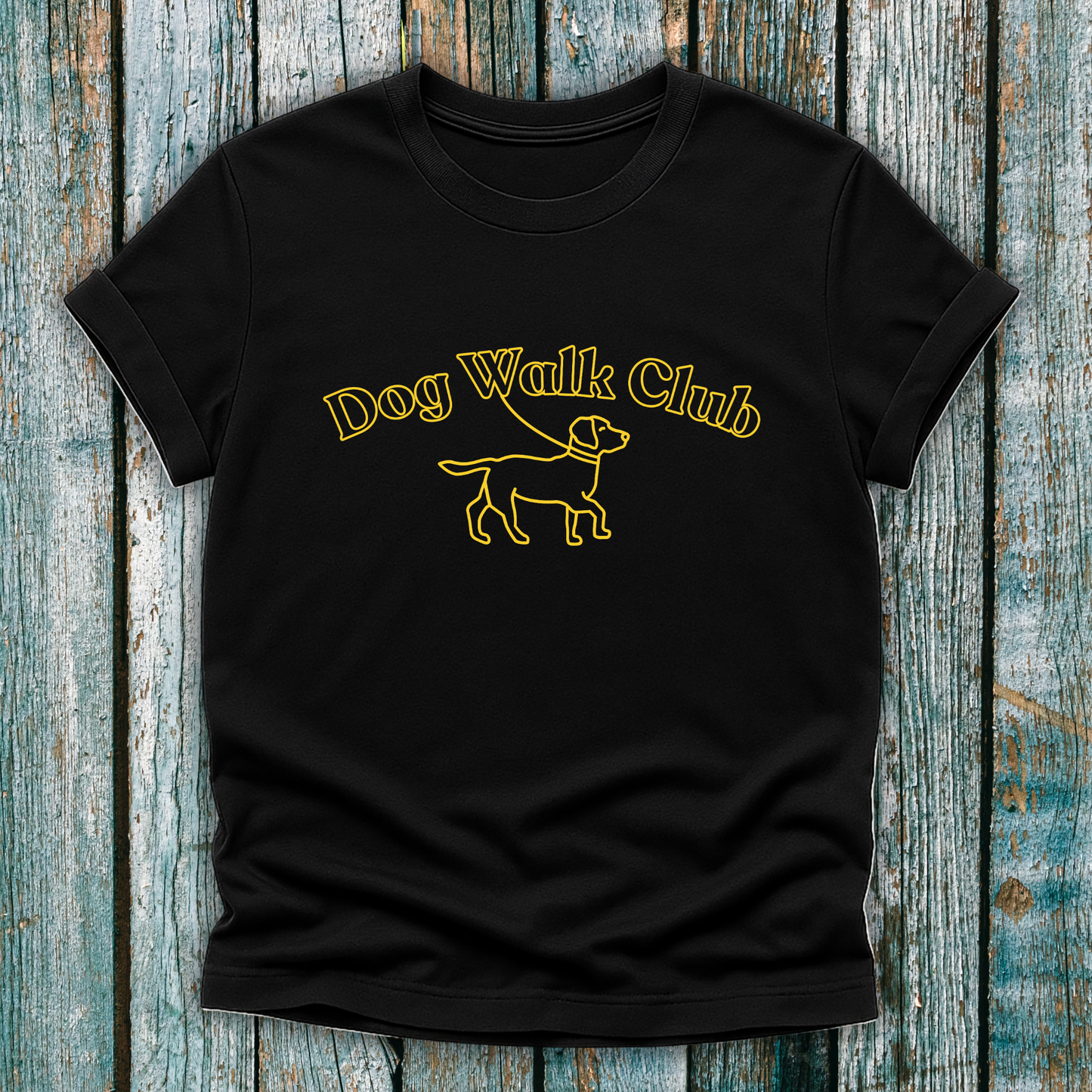 Black Dog Walk Club T-shirt with yellow text and a Labrador on lead