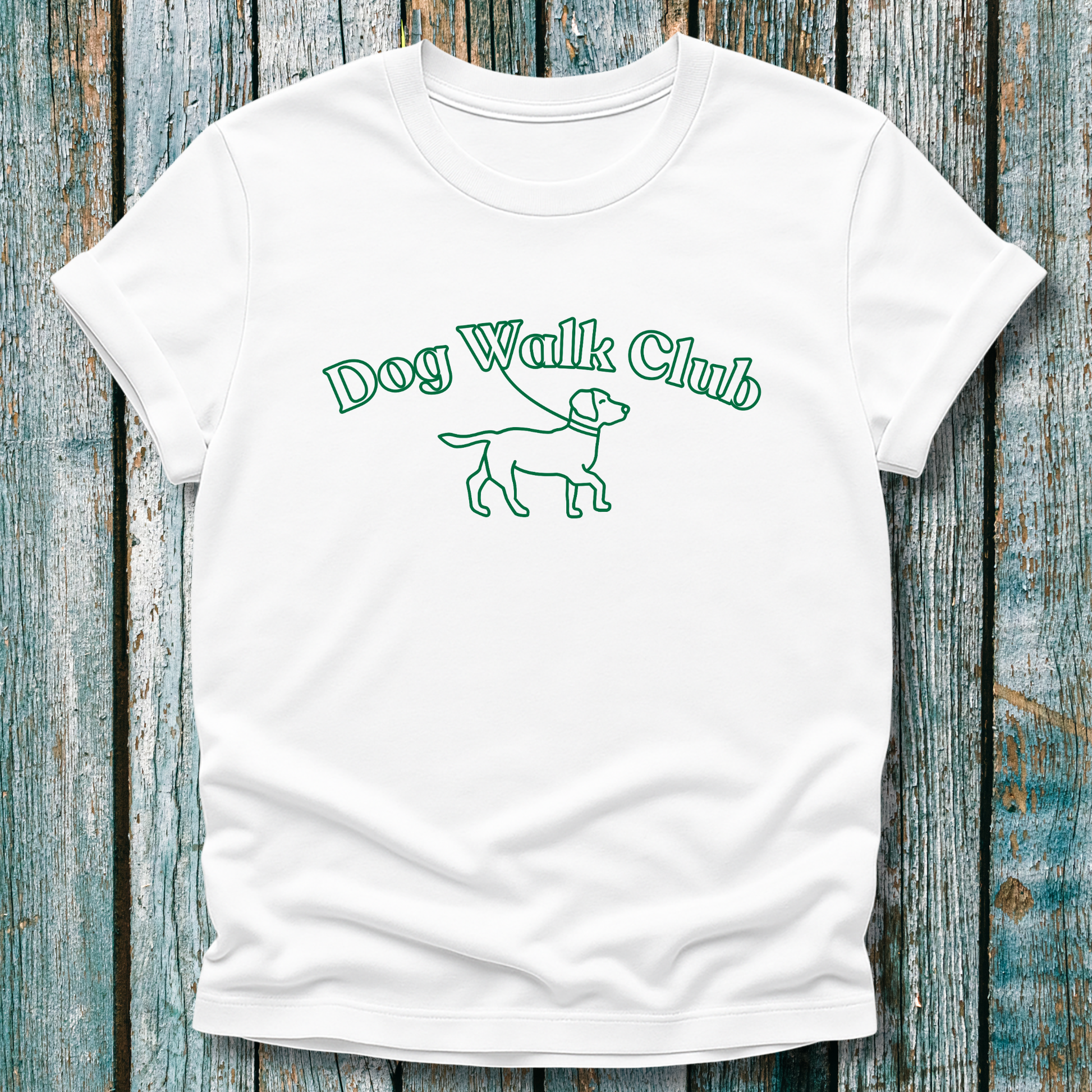 White Dog Walk Club T-shirt with green text and a Labrador on lead