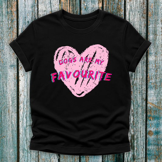 Black t-shirt with pink heart and text 'DOGS ARE MY FAVOURITE' 