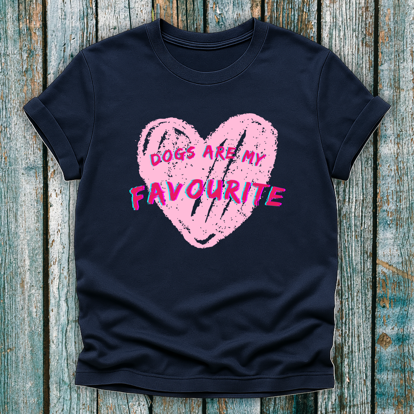 Navy blue t-shirt with pink heart and text with dogs are my favourite