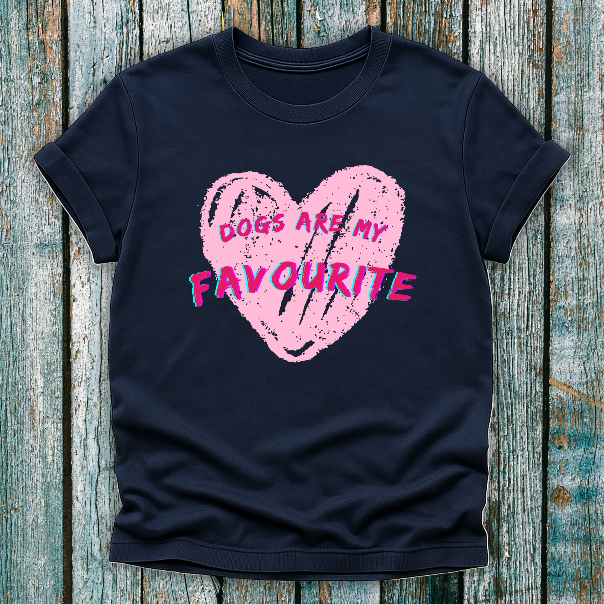 Navy blue t-shirt with pink heart and text with dogs are my favourite