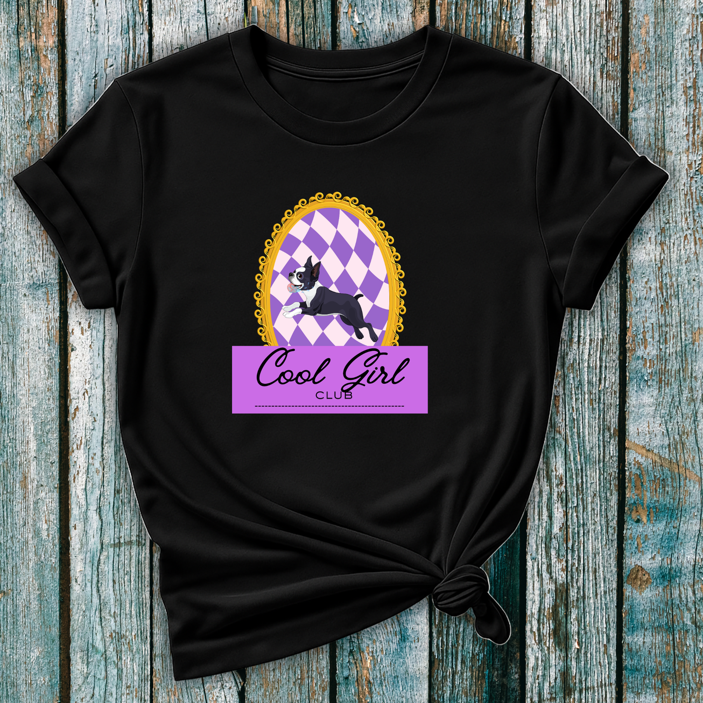 Black Boston Terrier T-shirt leaping dog in frame with cool girl club