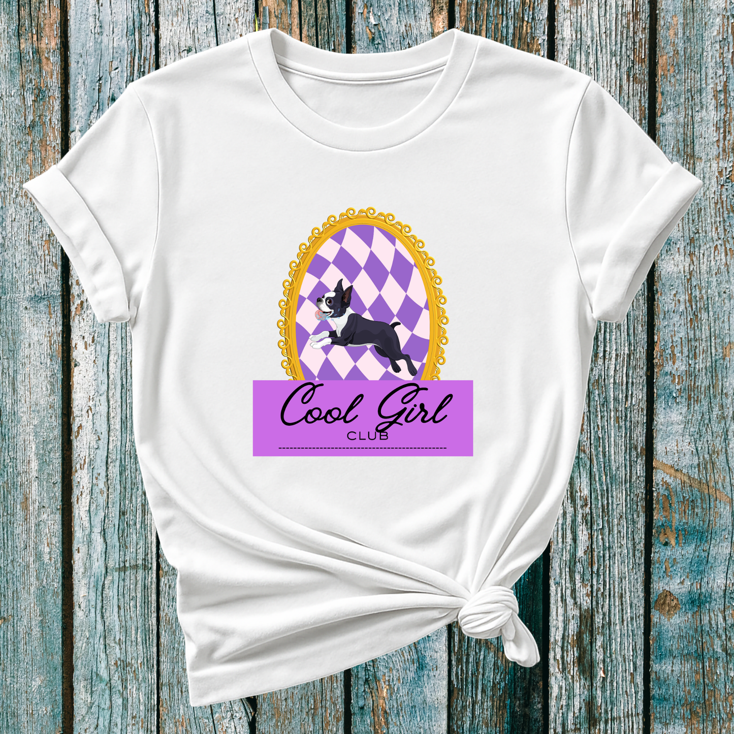 White Boston Terrier leaping dog in frame with cool girl club
