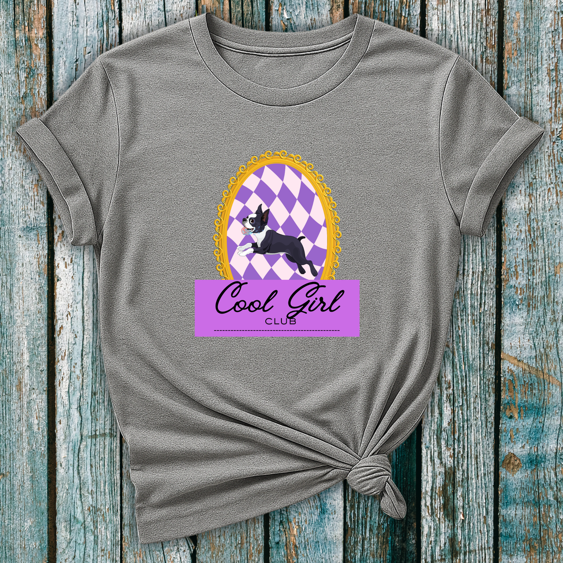 Grey Boston Terrier T-shirt leaping dog in frame with cool girl club