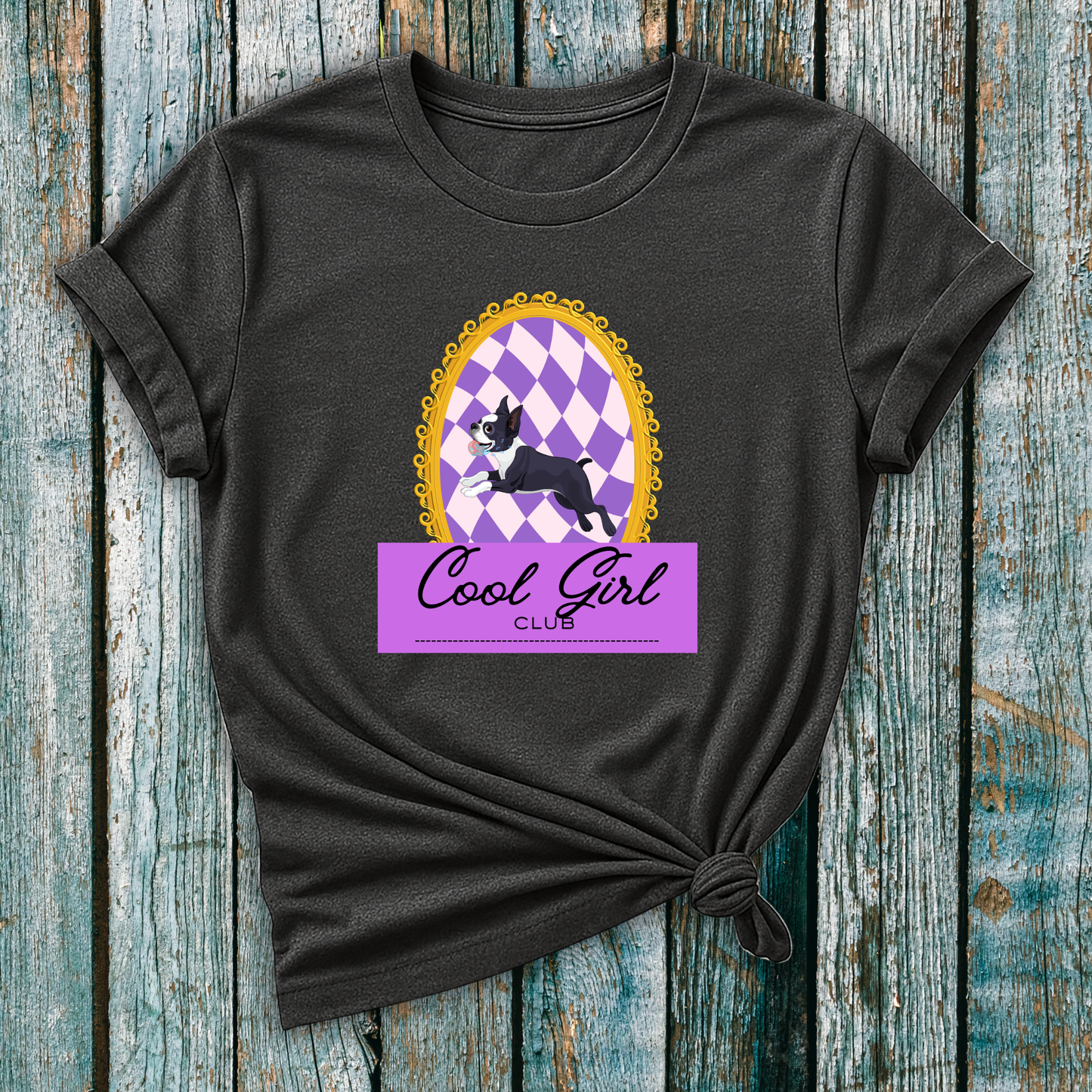 Grey Boston Terrier T-shirt leaping dog in frame with cool girl club