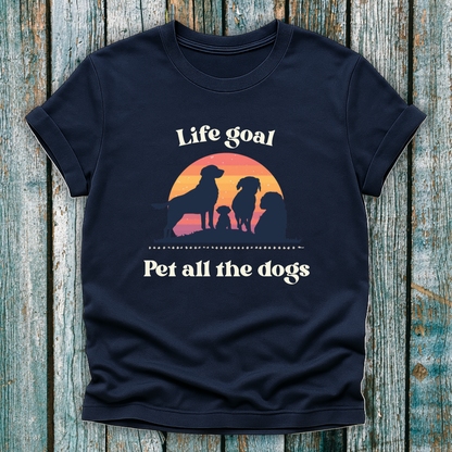 Navy Life Goal Pet all the Dogs t-shirt with silhouette of dogs in front of sunset 