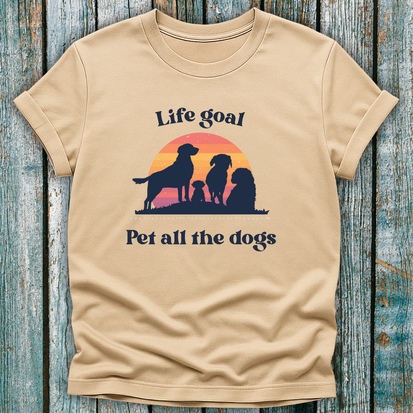 Natural Life Goal Pet all the Dogs t-shirt with silhouette of dogs in front of sunset 