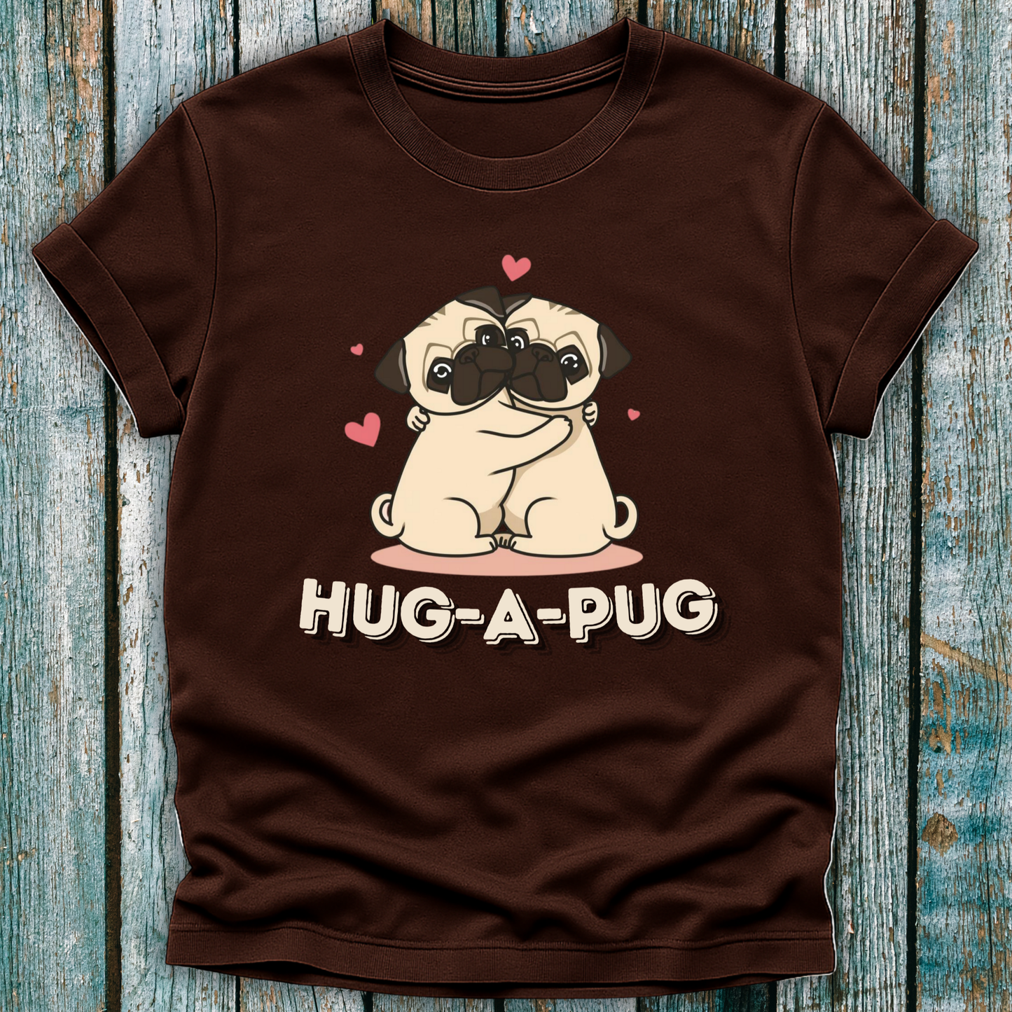 Brown hug-a-pug tshirt with cute pug design