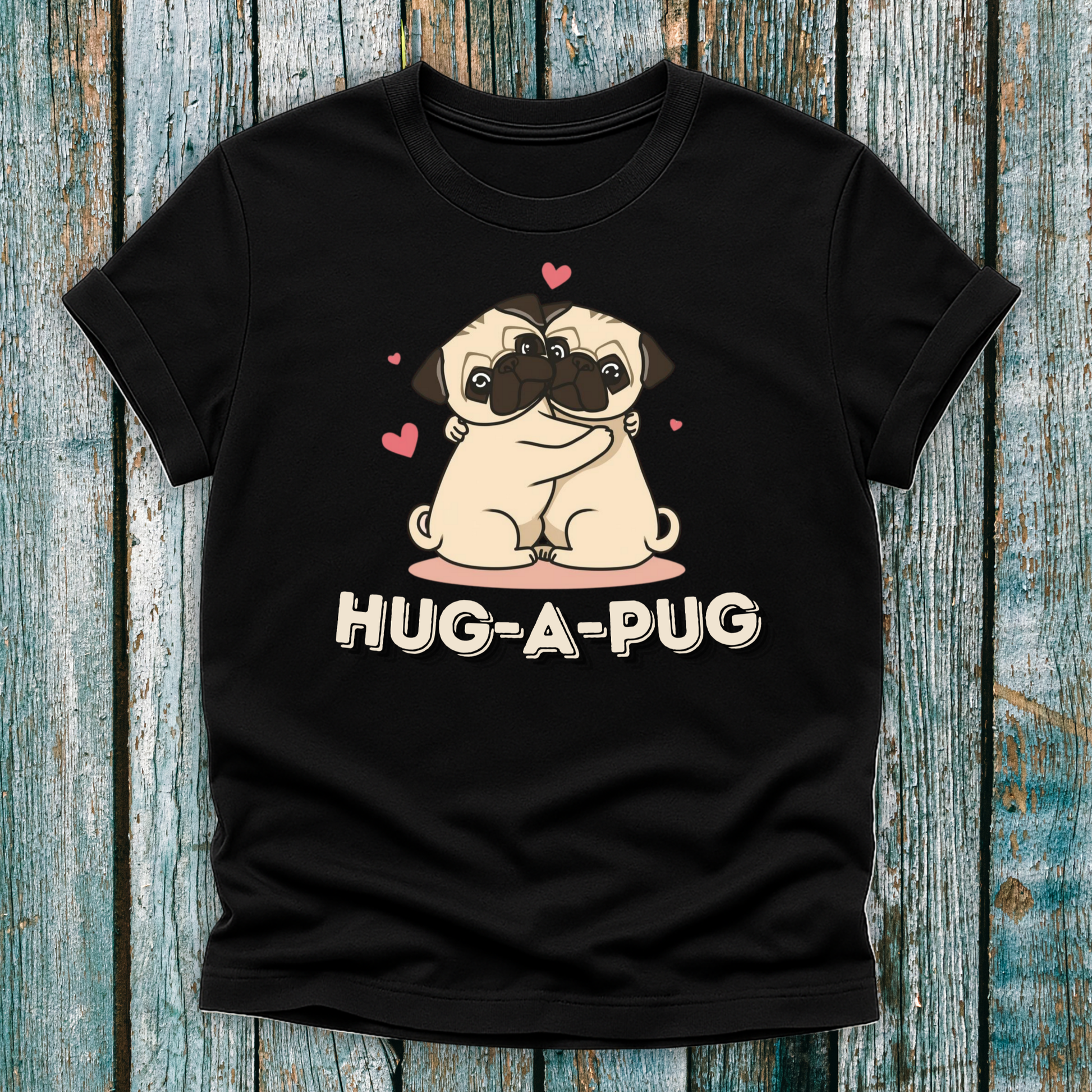 Black hug-a-pug tshirt with cute pug design