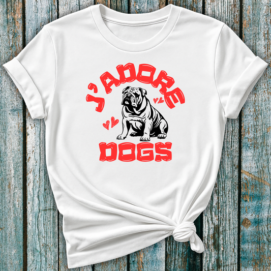 White t-shirt with red and black j'adore dogs bulldog graphic design on a wooden surface