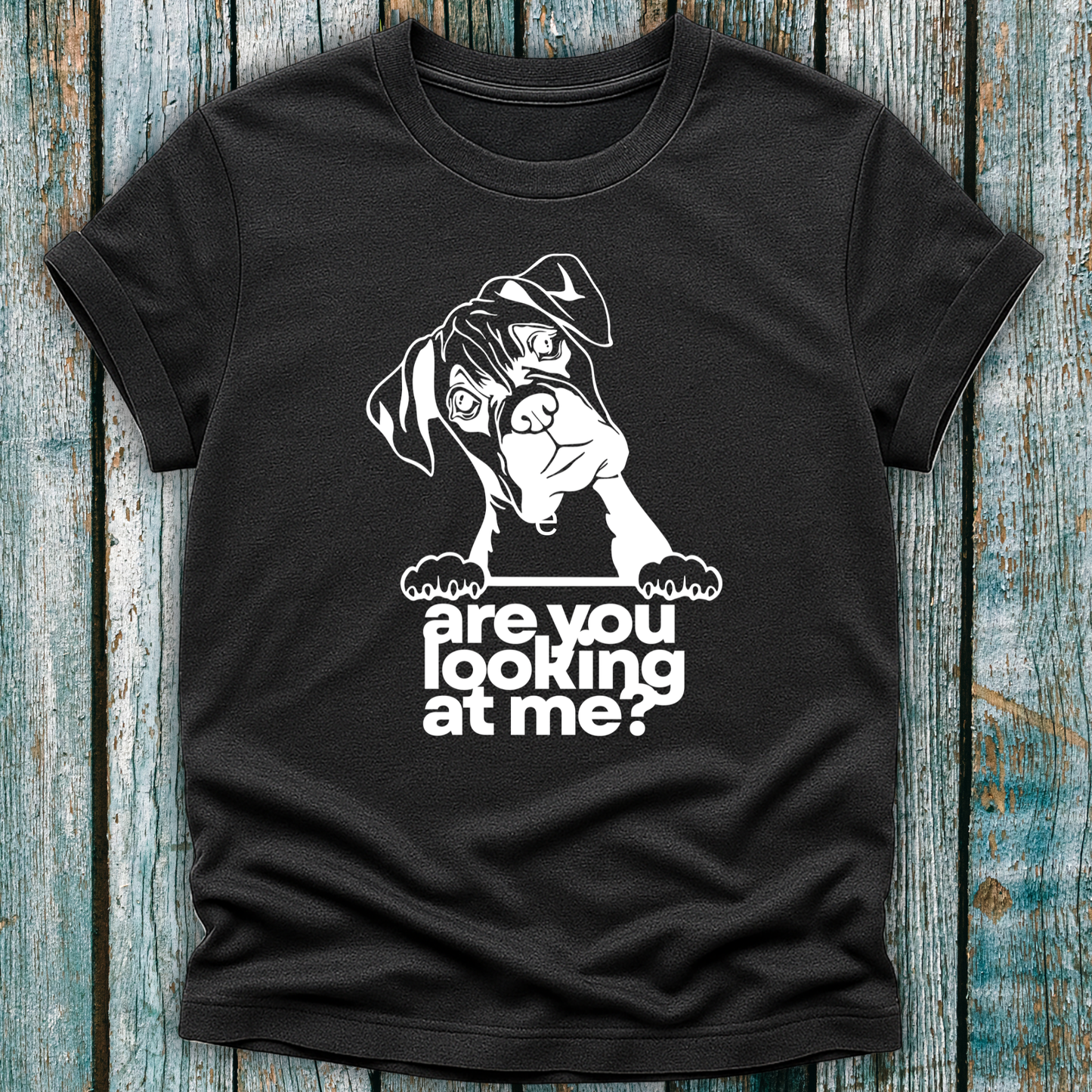 Grey t-shirt with a graphic of a boxer dog and text 'are you looking at me?' on a wooden surface.
