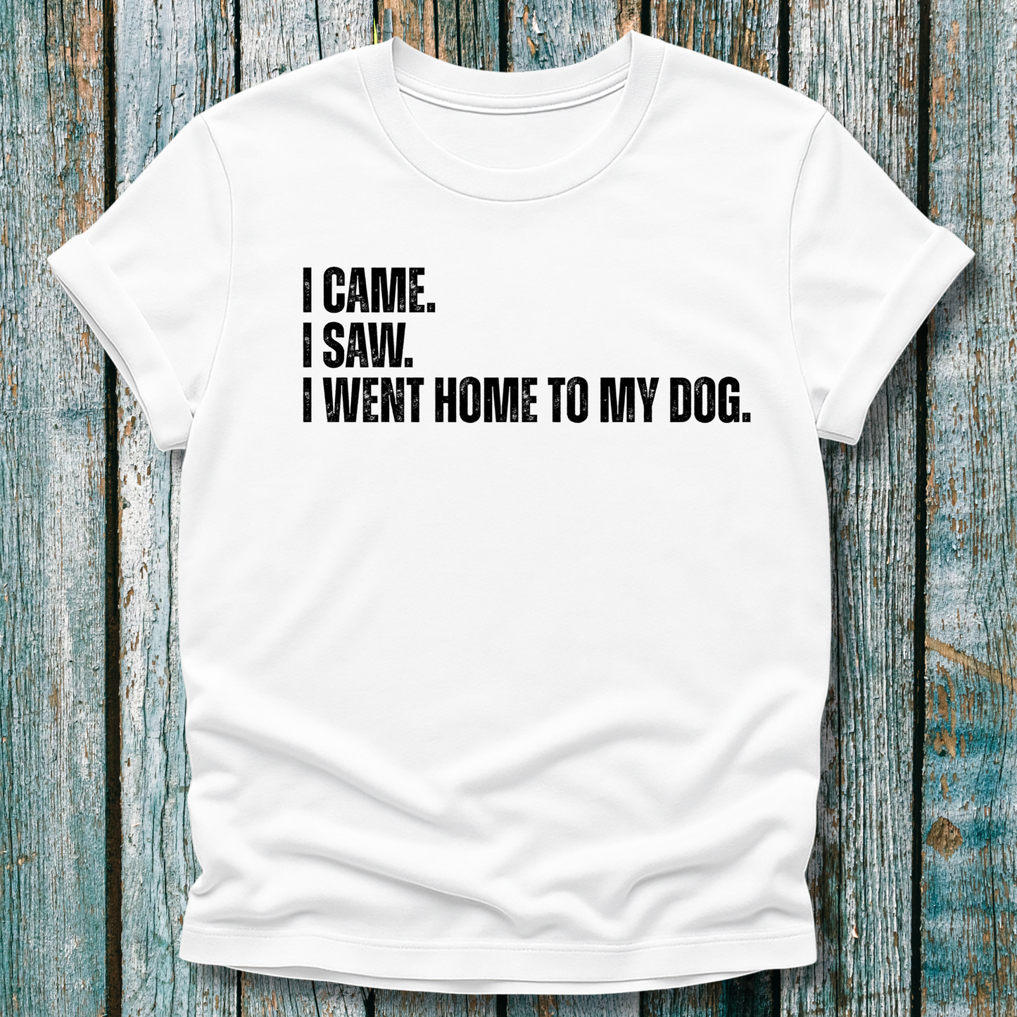 White t-shirt with humorous text I came. I saw. I went home to my dog on a wooden surface