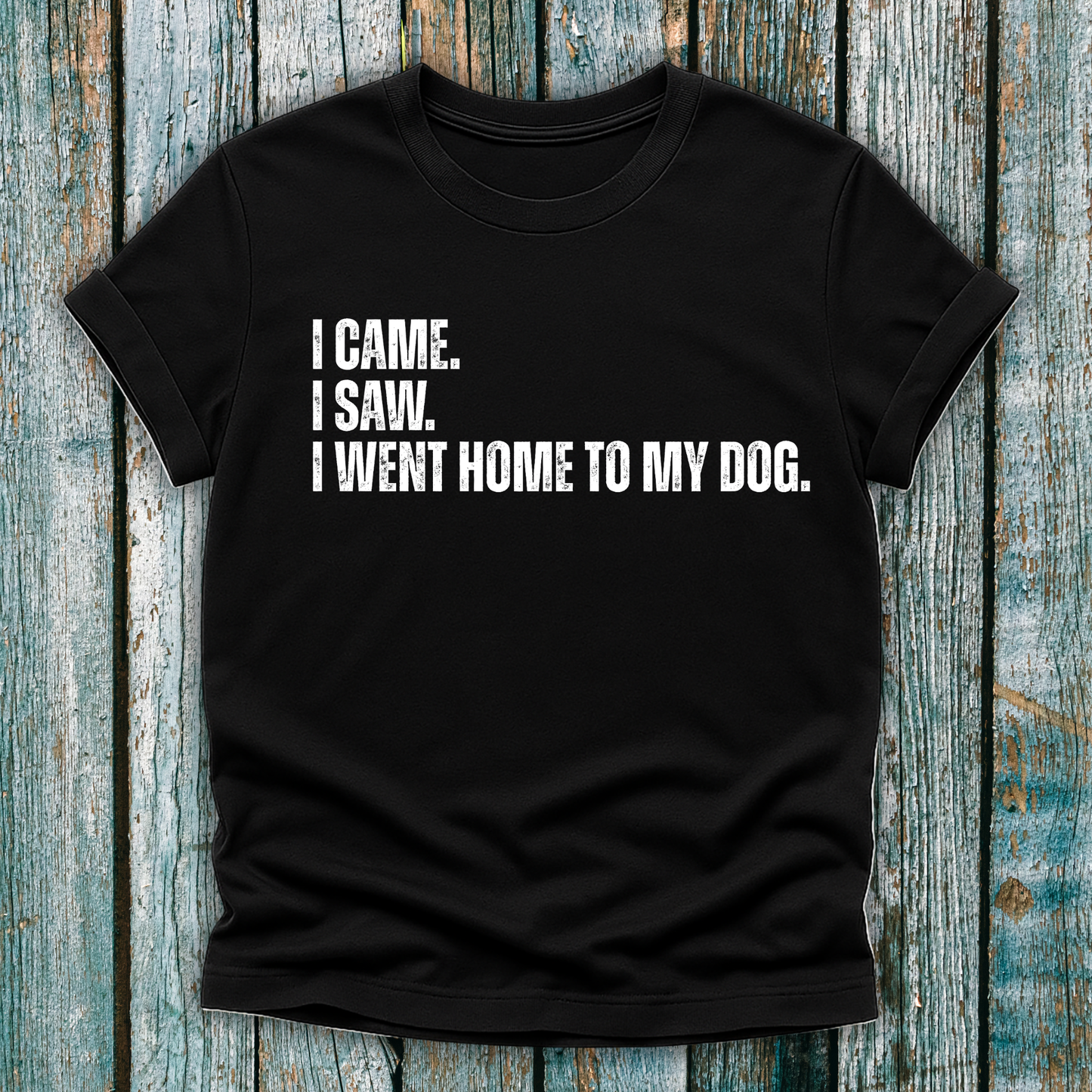 Back t-shirt with humorous text I came. I saw. I went home to my dog on a wooden surface