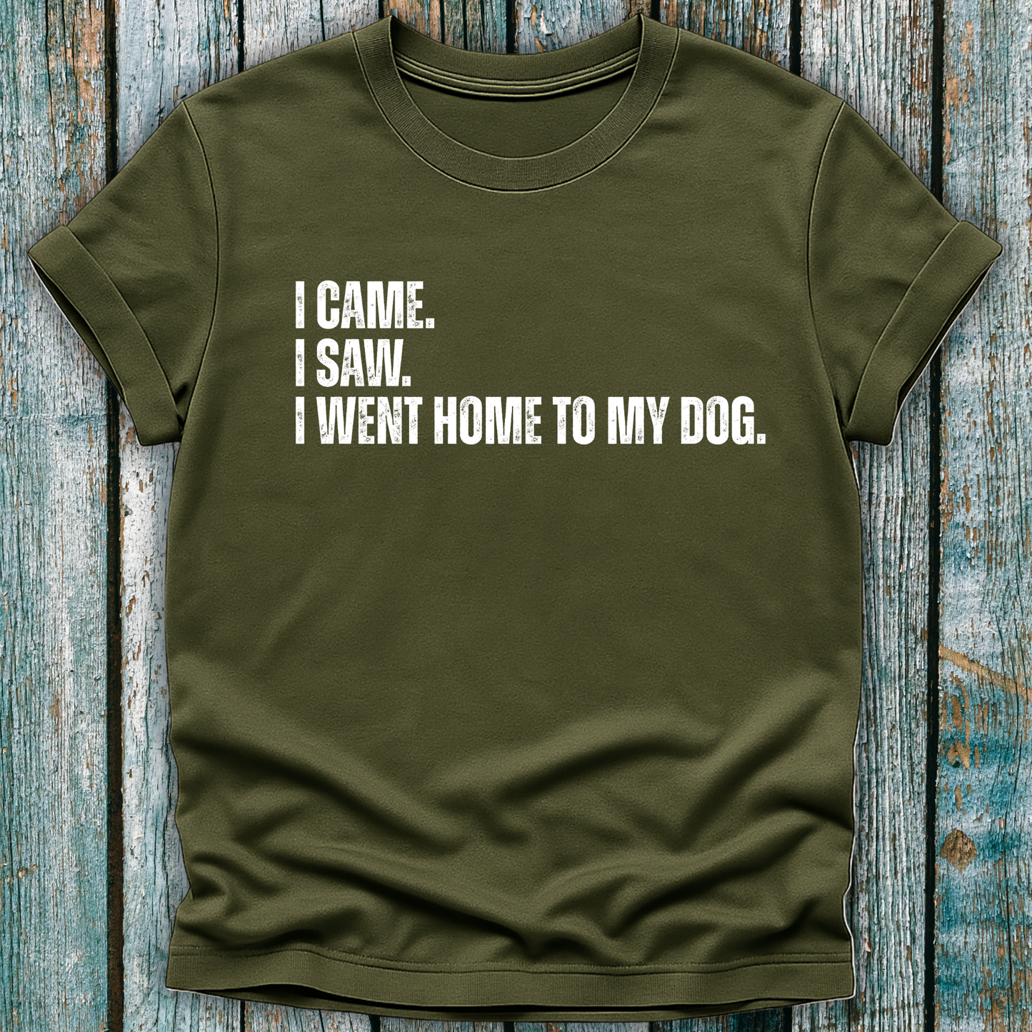 Green t-shirt with text 'I CAME. I SAW. I WENT HOME TO MY DOG.' on a wooden surface