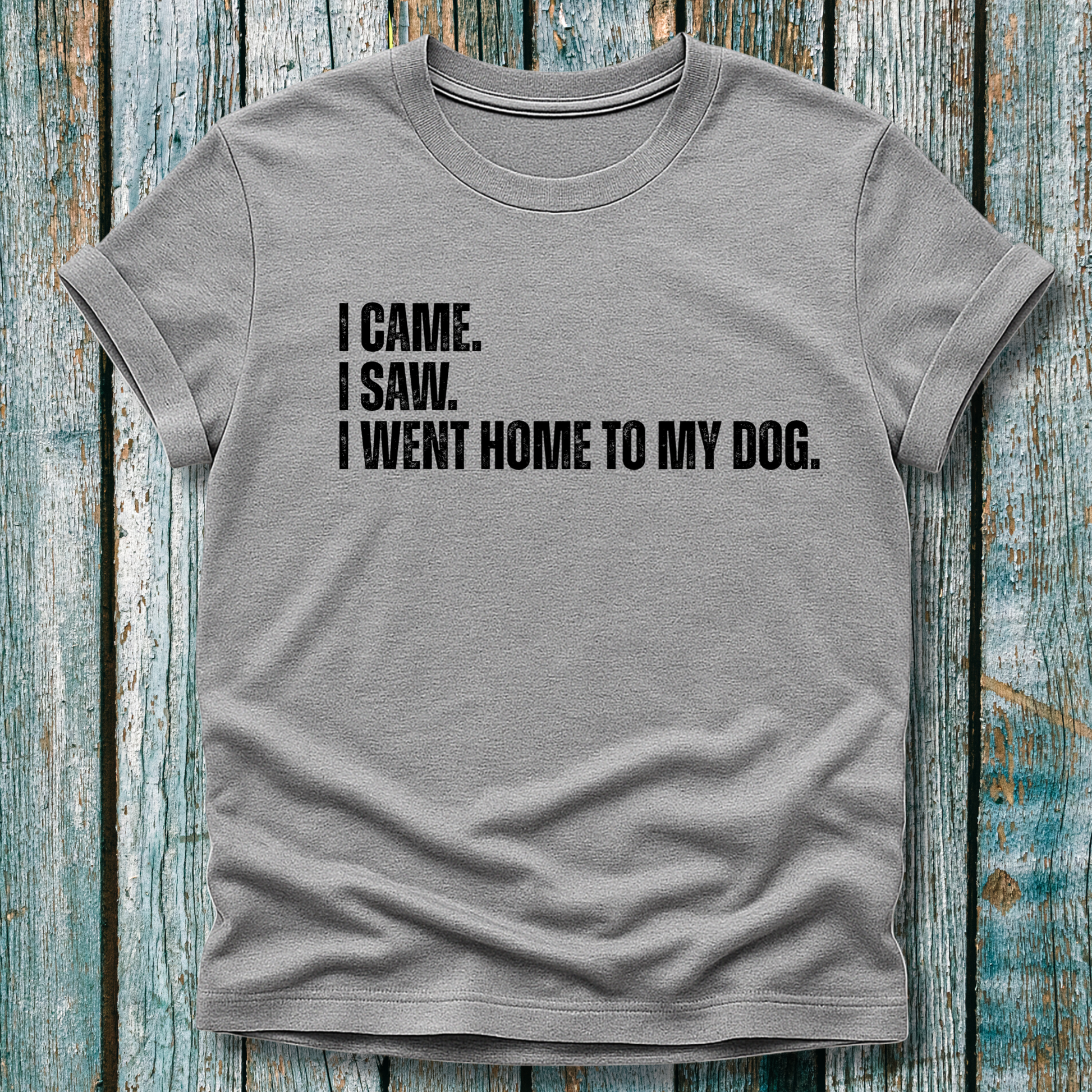 Gray t-shirt with humorous text I came. I saw. I went home to my dog on a wooden surface