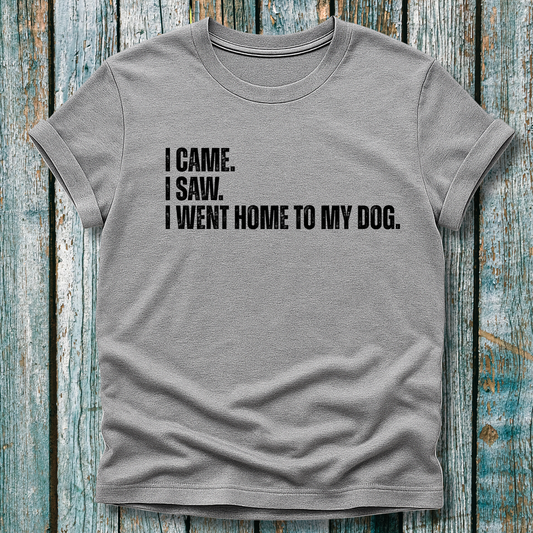 Gray t-shirt with humorous text I came. I saw. I went home to my dog on a wooden surface