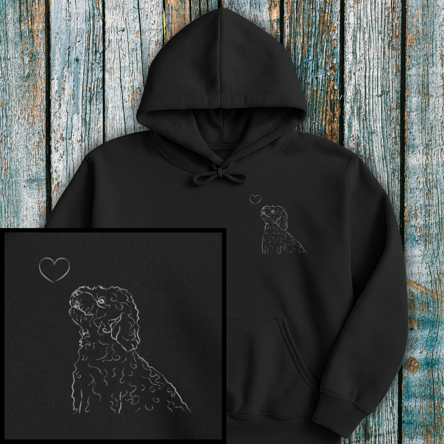 Black hoodie with Cockapoo and a heart on a wooden background