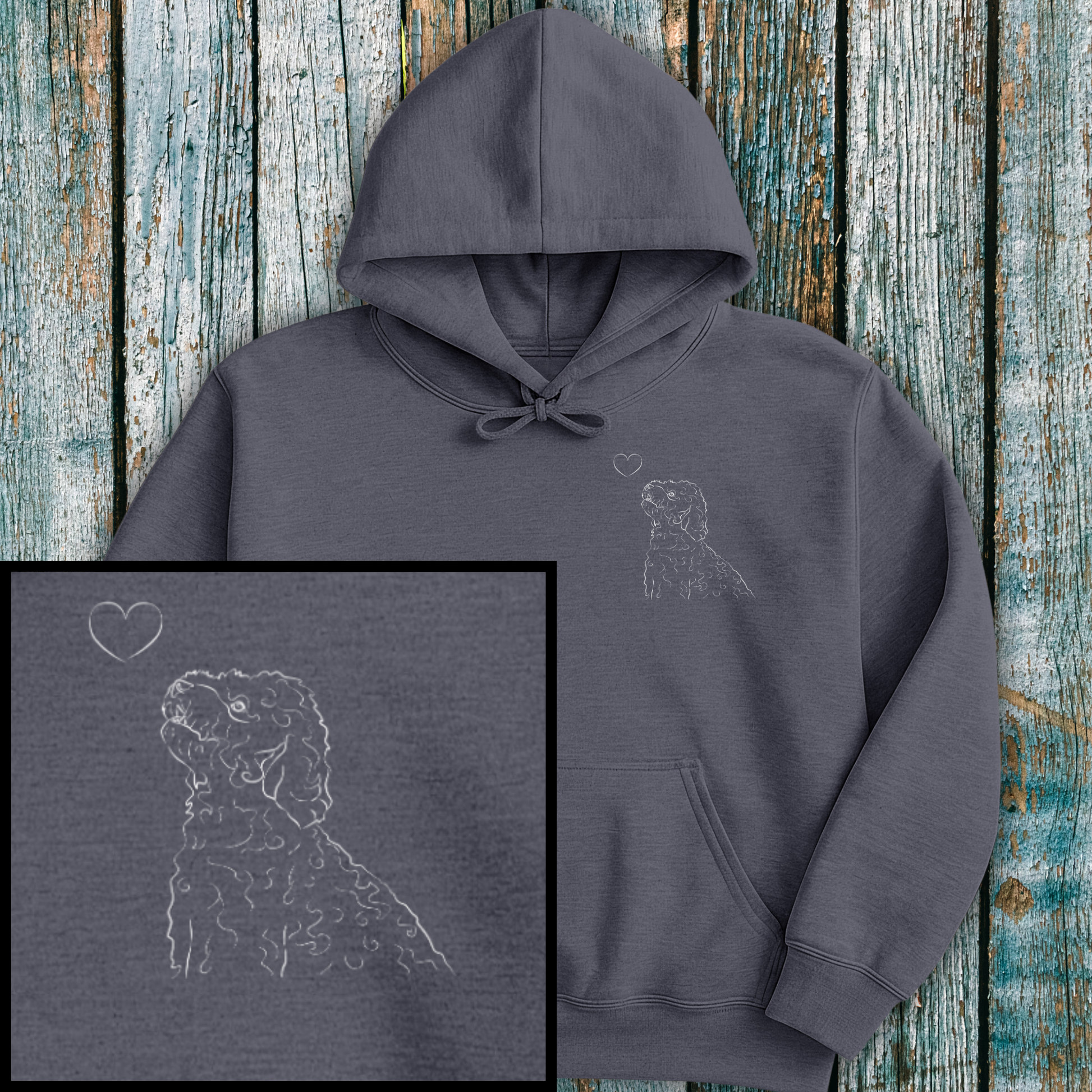 Gray hoodie with Cockapoo and a heart on a wooden background