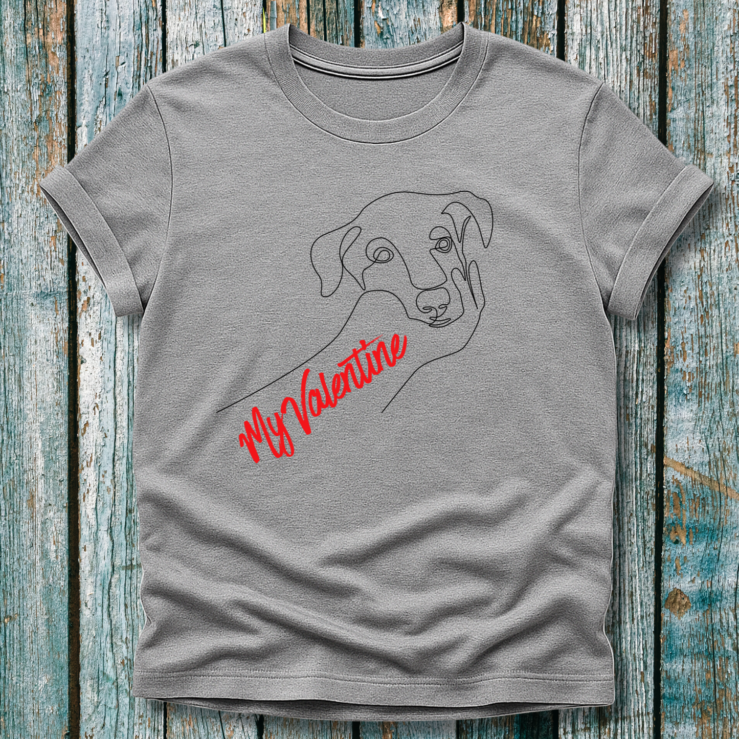 Gray T-Shirt with dog graphic and "my valentine" text