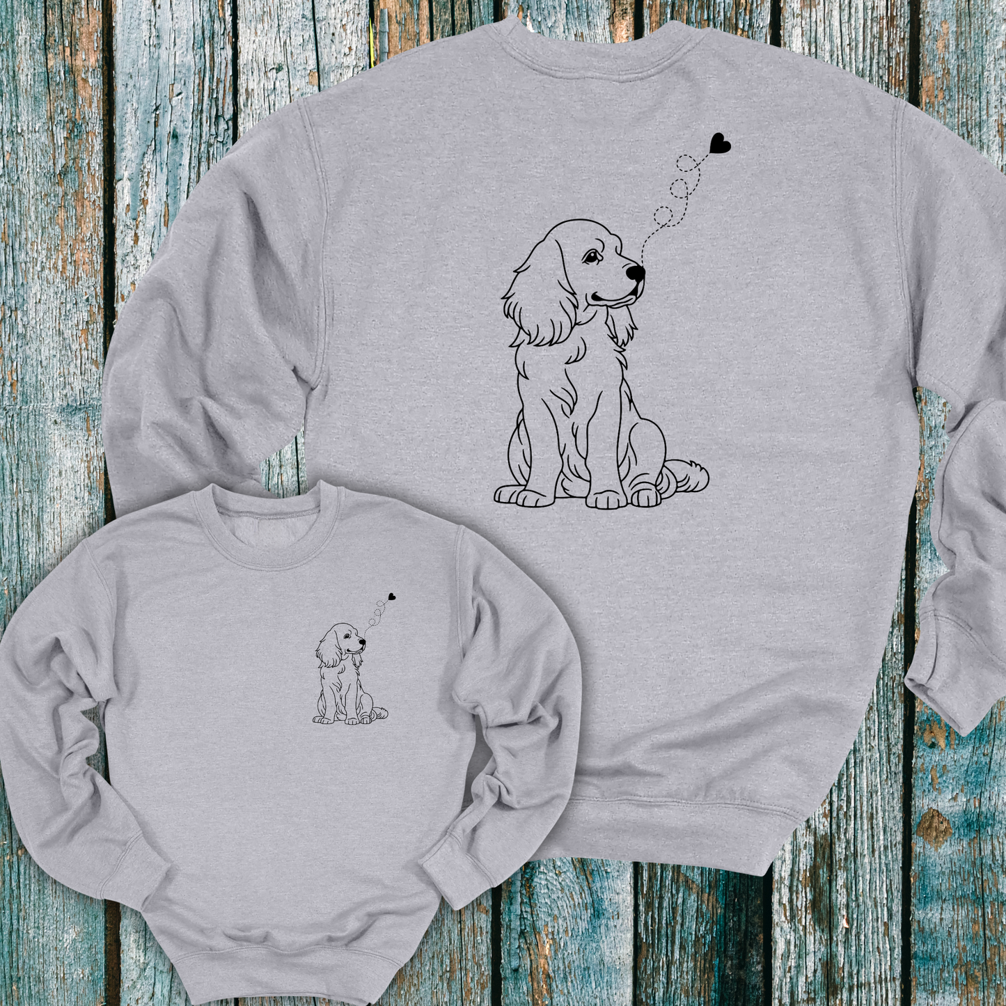 Gray sweatshirt with cute dog graphic on the front and back