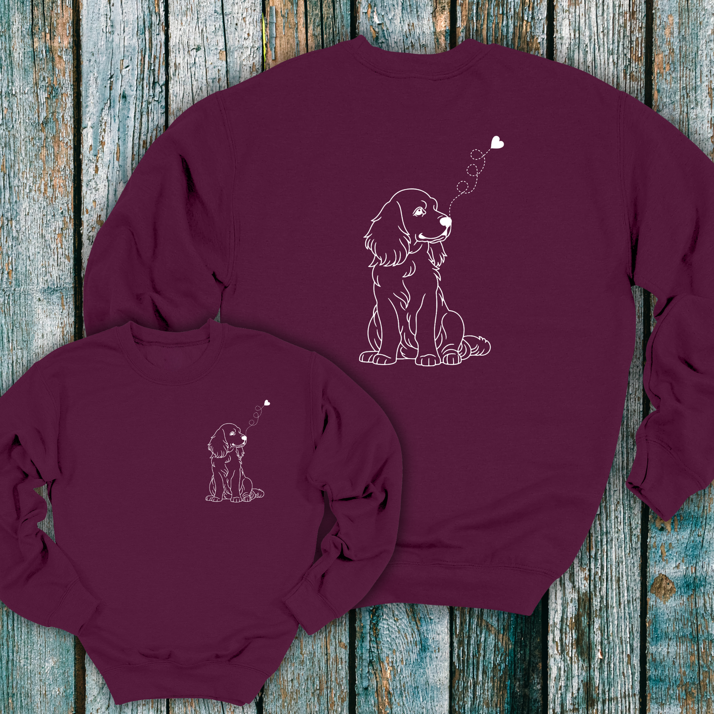 Maroon sweatshirt with cute dog graphic on the front and back