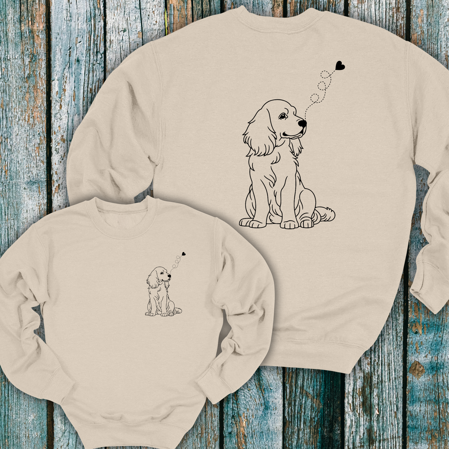 Beige sweatshirt with cute dog graphic on the front and back